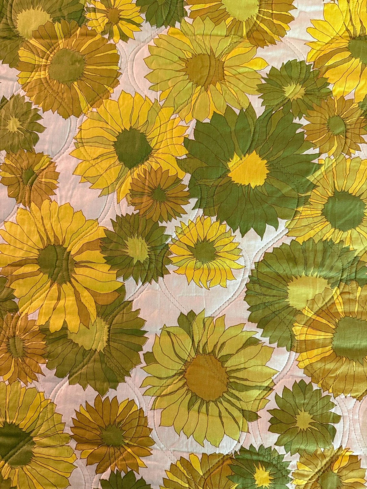 Vintage 1970s Queen Bedspread Retro Yellow Green Floral Quilted Fringe Boho