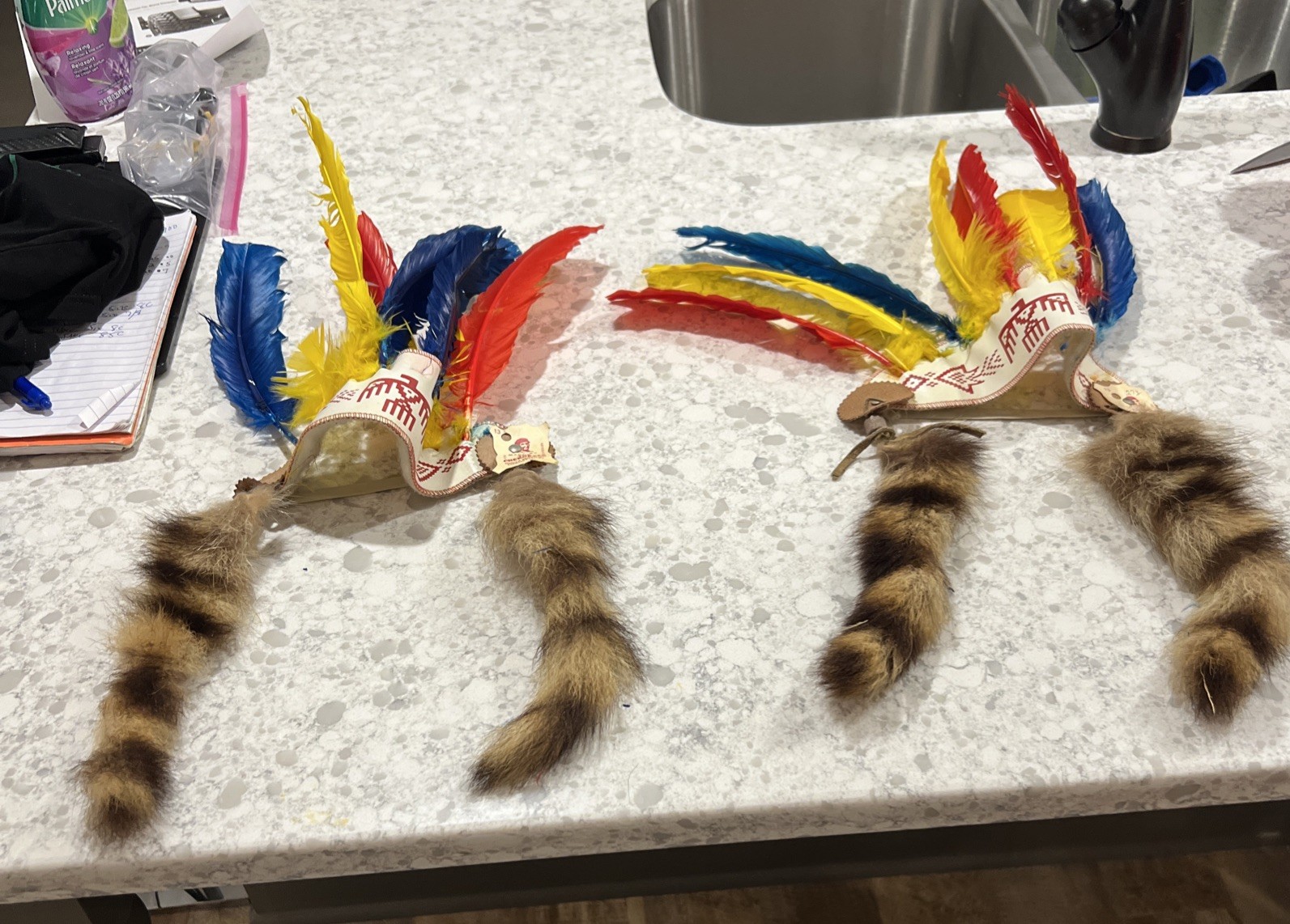 (2) Vintage 1950's Childs Cherokee Indian Feathered Head Dress-w-Raccoon Tails