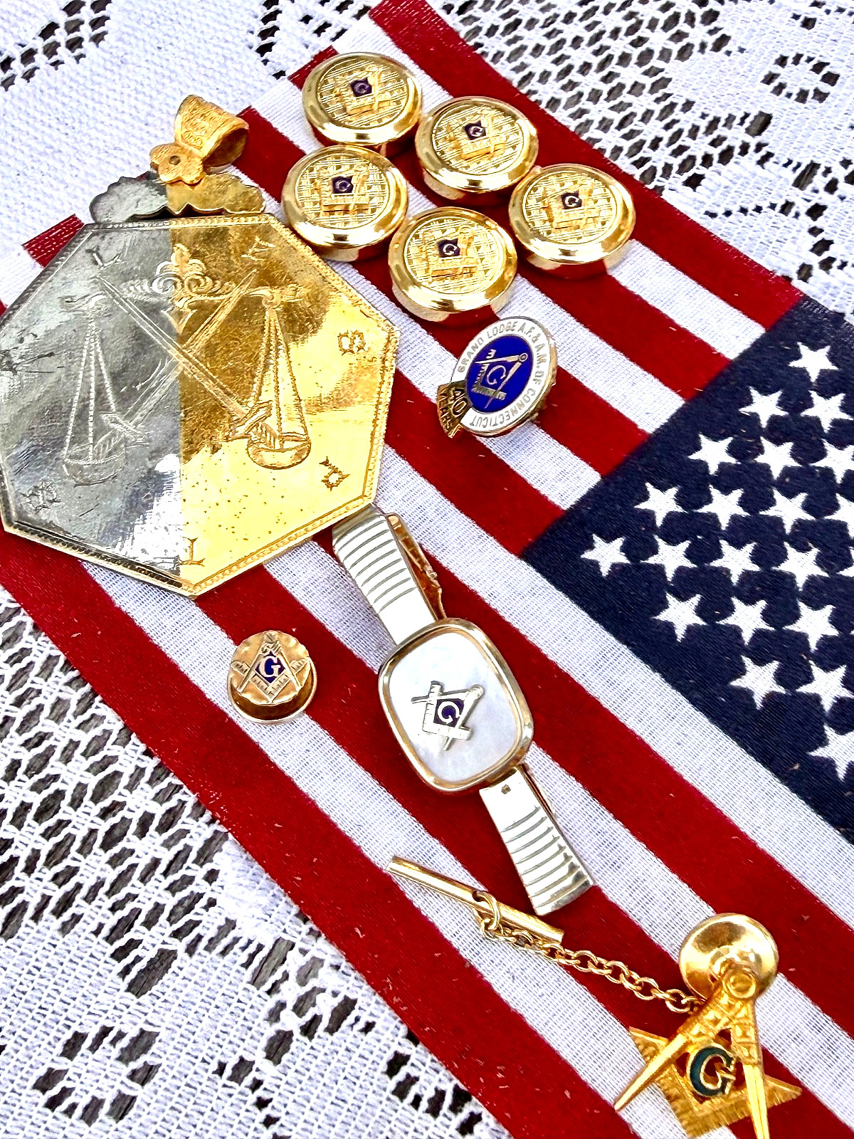 Vtg Masonic Regalia Collection • Signed Anson MOP Tie Clip • Decipher Pendant