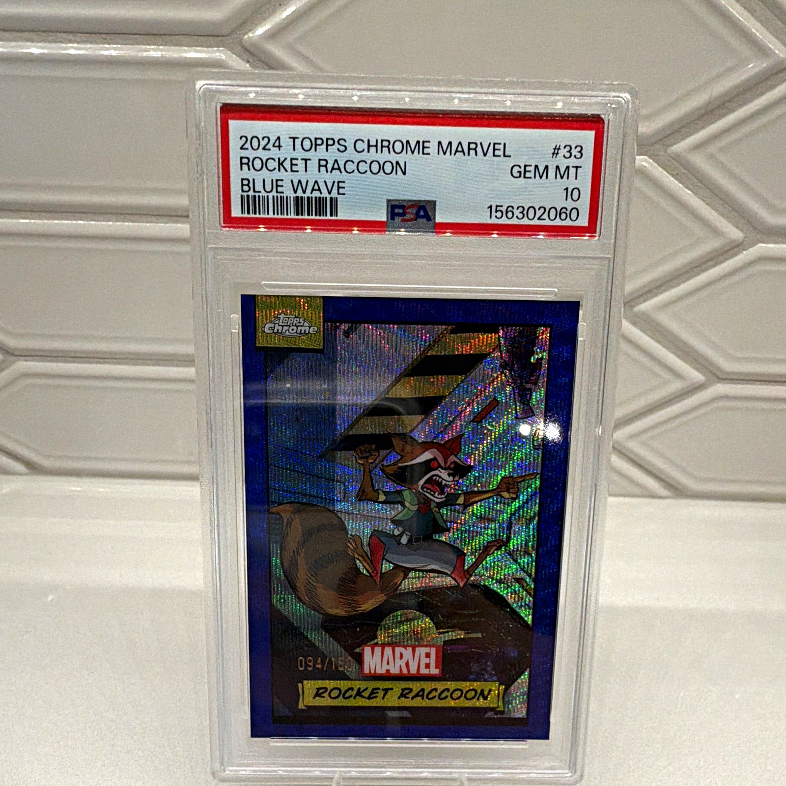 Topps 2024 Chrome Marvel Rocket Raccoon #33 Blue Wave PSA 10 094/150
