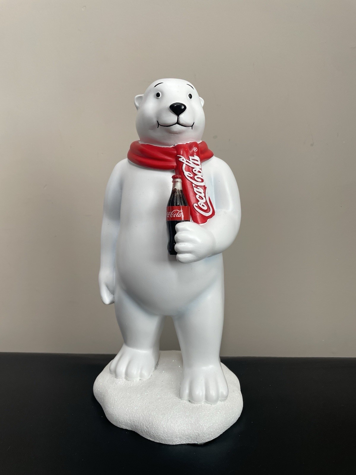 12” Coca-Cola Polar Bear Christmas Figurine w/Bottle of Coca-Cola & Red Scarf