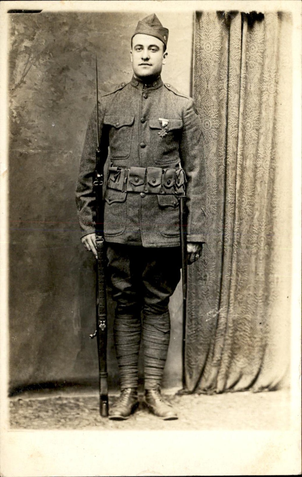 WWI soldier with rifle Studio  Military c1910s Real Photo Vintage Postcard bhn