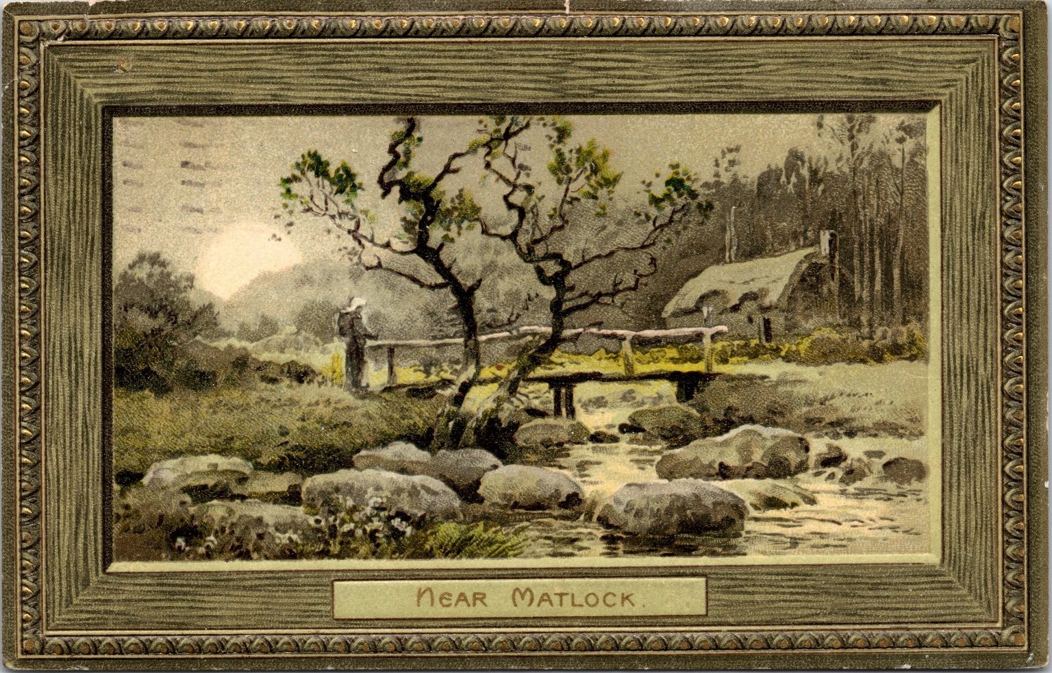 Antique Postcard Near Matlock England Cottage Stream Woman Bridge 1908 Stamp