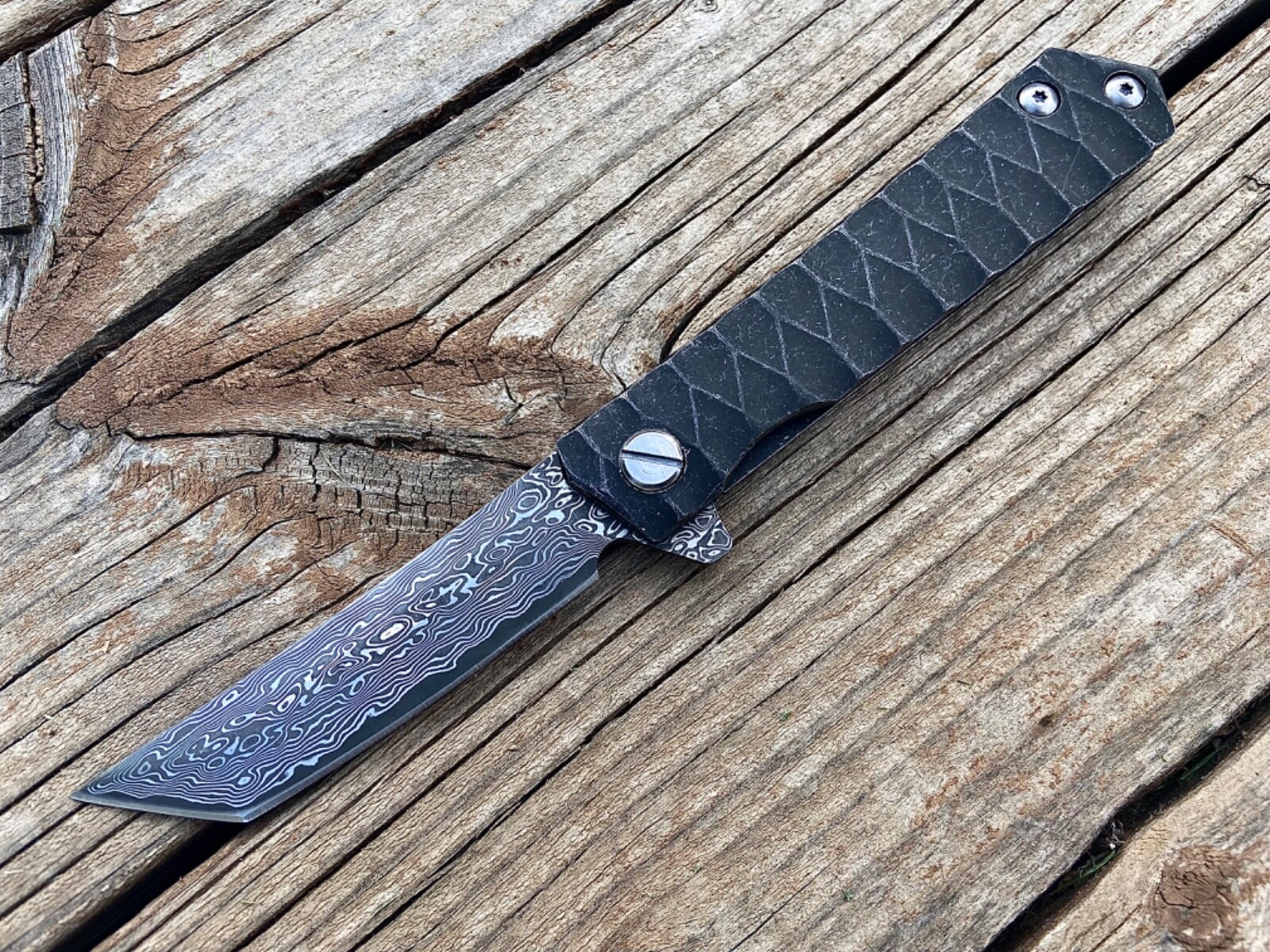 Damascus Steel EDC Pocket Knife, Stainless Steel Handle, Ball Bearing Pivot