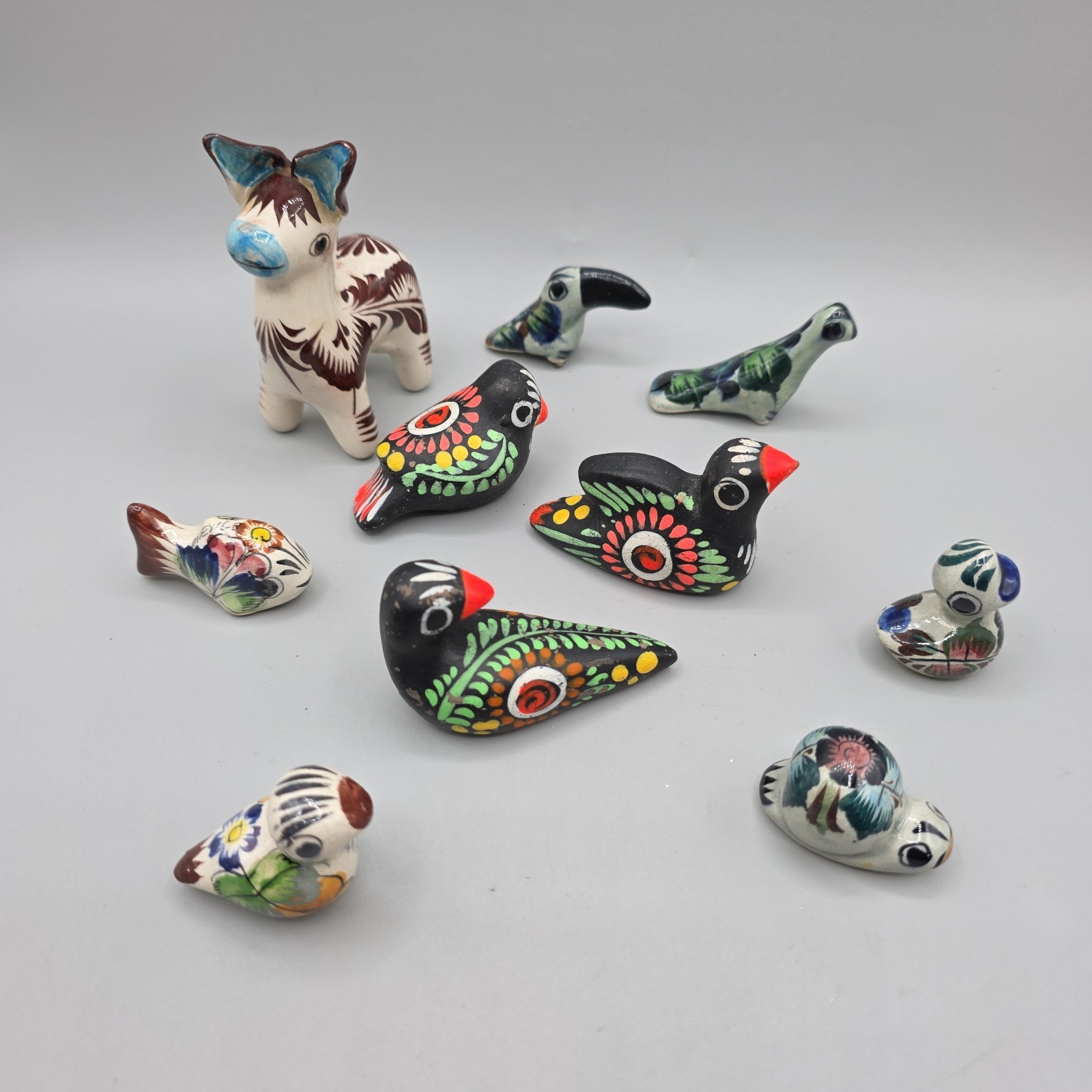 Tonala Mexican Folk Art Ceramic Animal Miniatures And A Small Donkey Lot Of 10