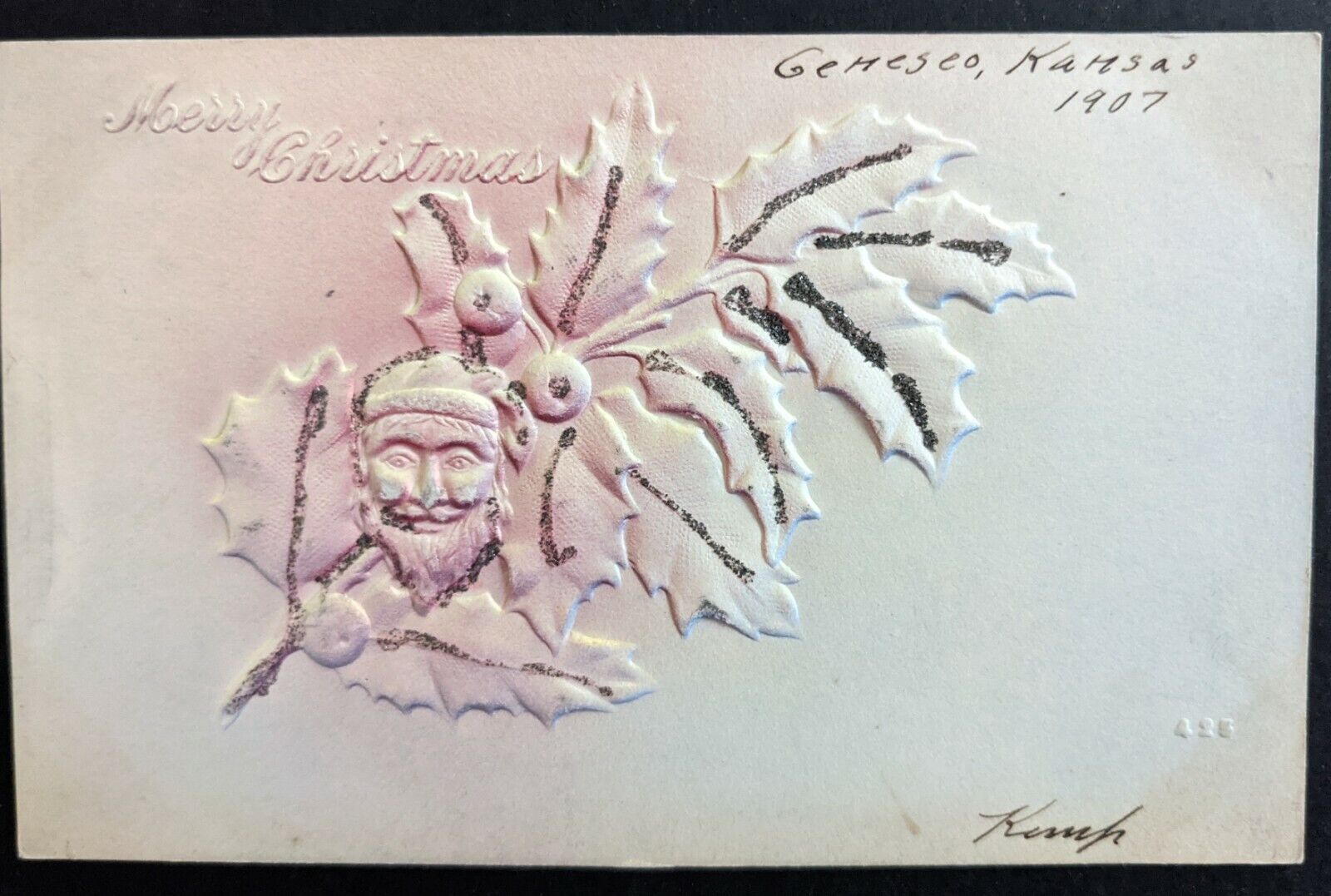 Geneseo Kansas Odd Santa Face Embossed Christmas Holly c1907 Postcard
