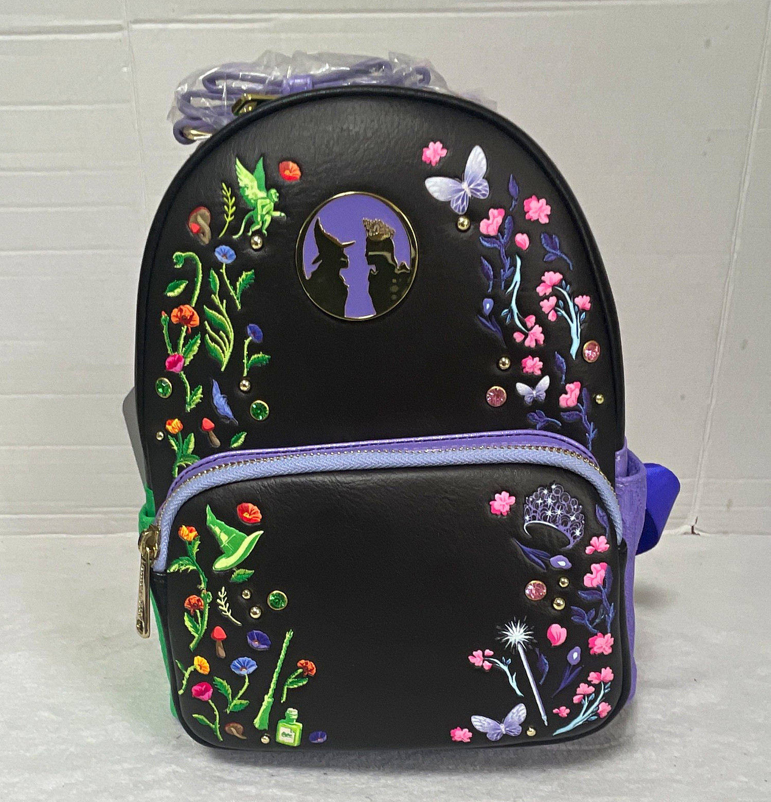 Loungefly Wicked Mini Backpack Black Purple Green Floral Applique Embroidery