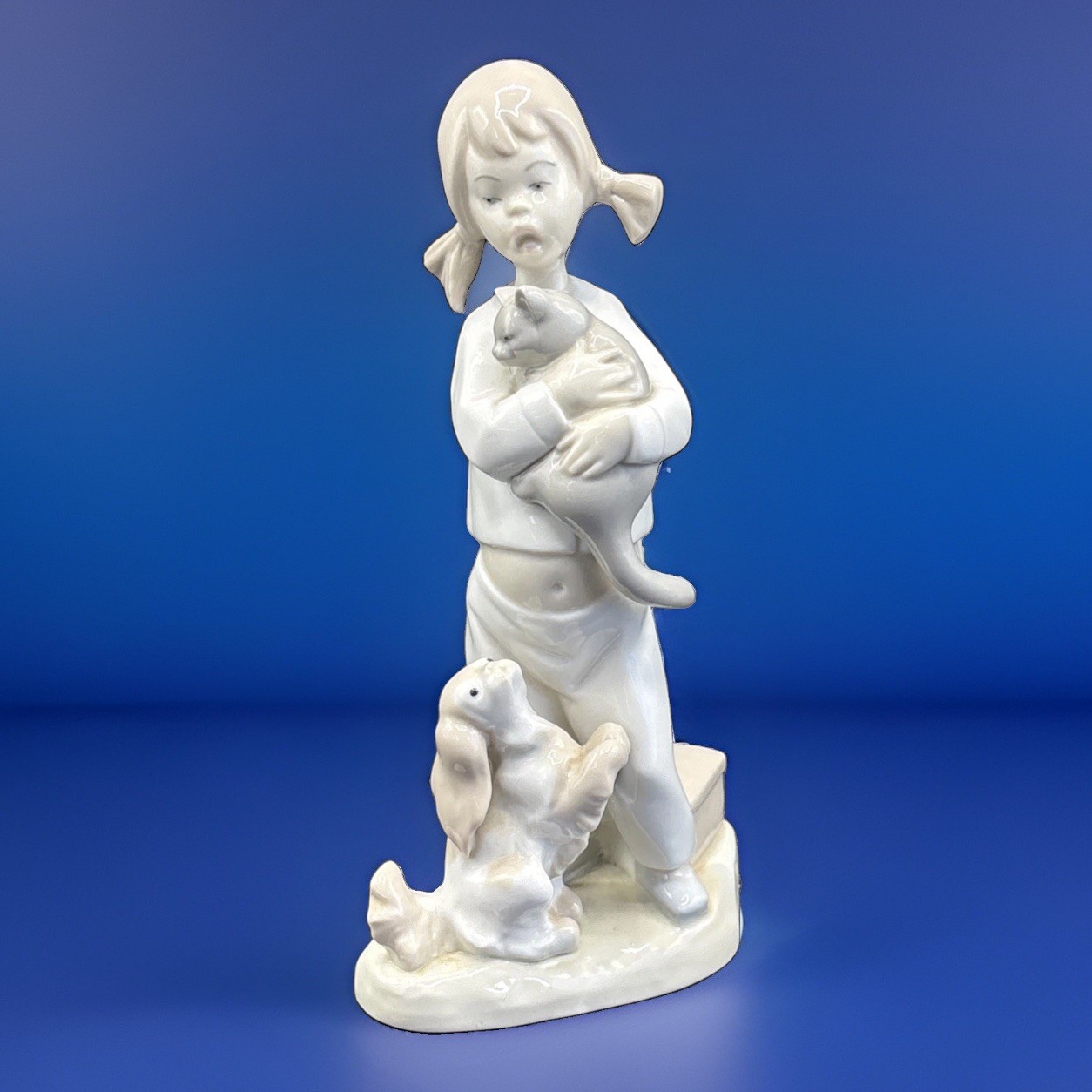 Vintage Spanish Porcelain Figurine Girl in Pajamas with Cat & Dog Marked 14A (C)