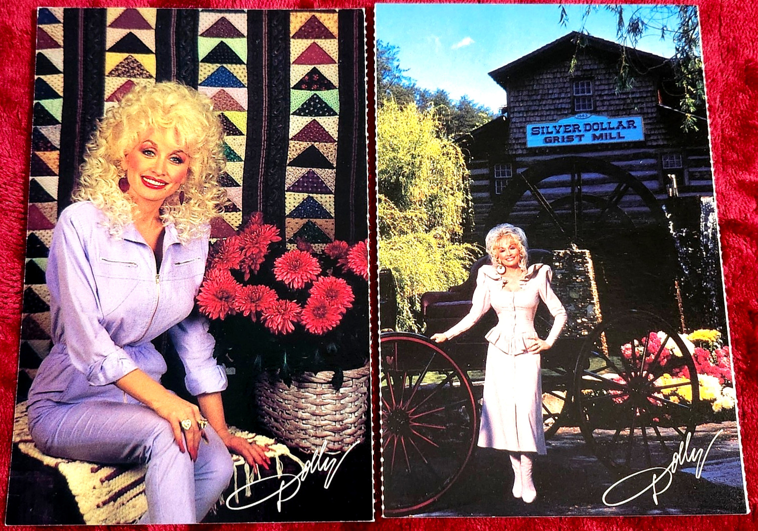VTG, (2) DOLLY PARTON WELCOME TO DOLLYWOOD POSTCARD'S ~ SILVER DOLLAR GRIST MILL