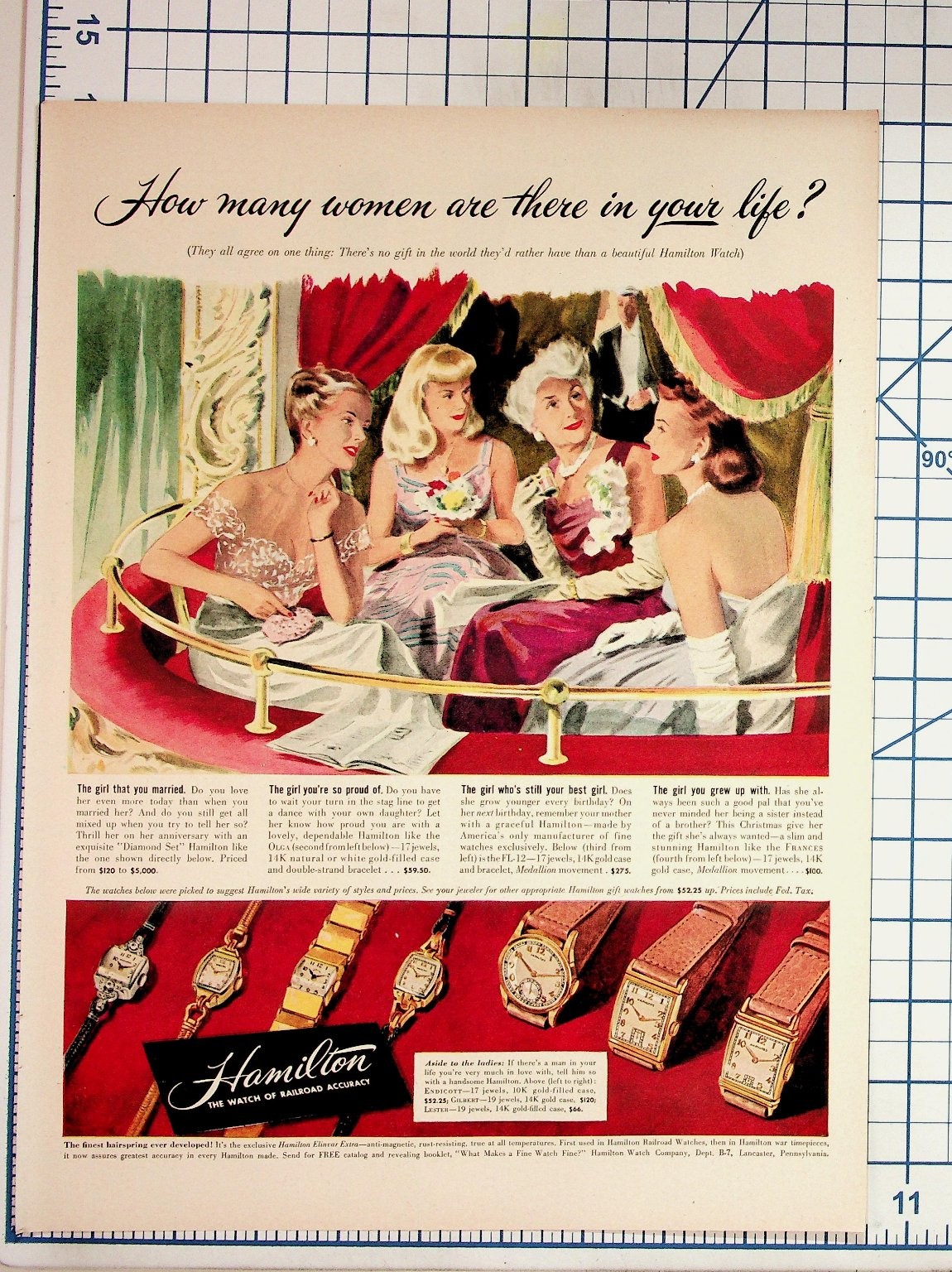 Vintage 1950s Hamilton Watch Magazine Ad Fashion Illustration Ephemera