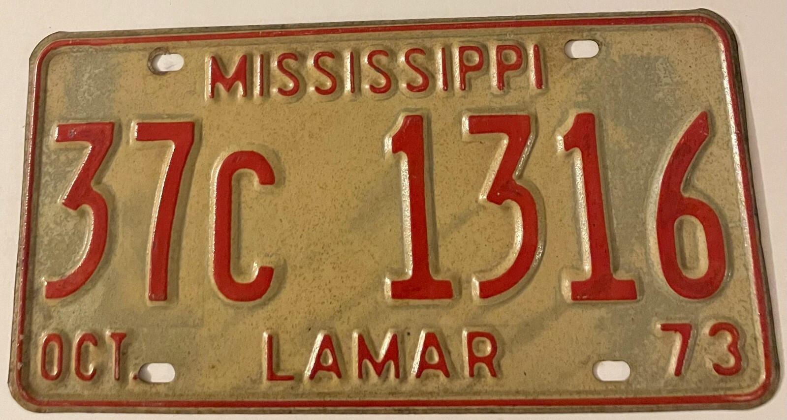 1973 Mississippi License Plate 37C 1316 Lamar County Purvis Oak Grove Sumrall