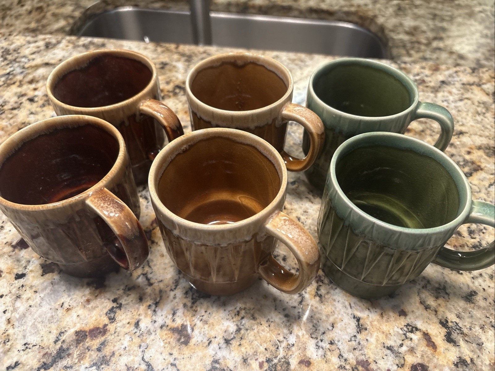 Vtg 1970's Japanese Gold Green Brown Drip Glaze Stackable Coffee Tea Cup Mugs