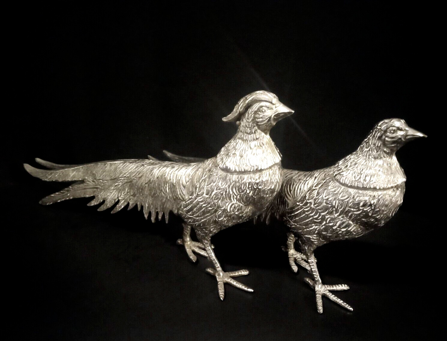 Vtg ITALY Metal Pheasant Bird Figurines Male/Female Pair Silver Plate 11.5\