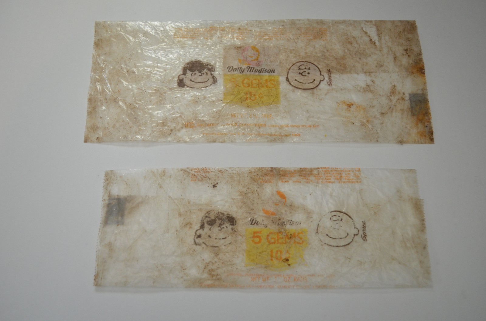 2 1960's Vintage Dolly Madison Snack Cake Gems wrappers, Charlie Brown and Lucy