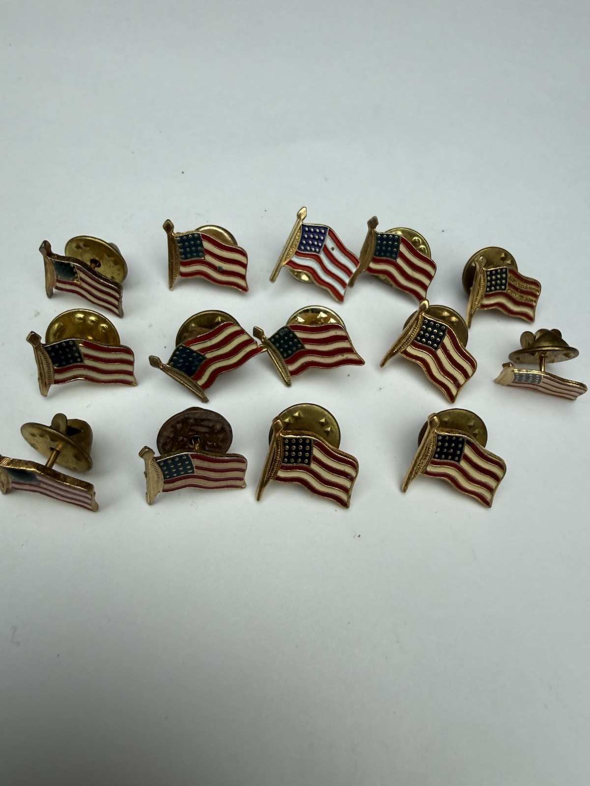 Lot of 14 Vintage American Flag Lapel Pins USA Patriotic Enamel Gold Tone