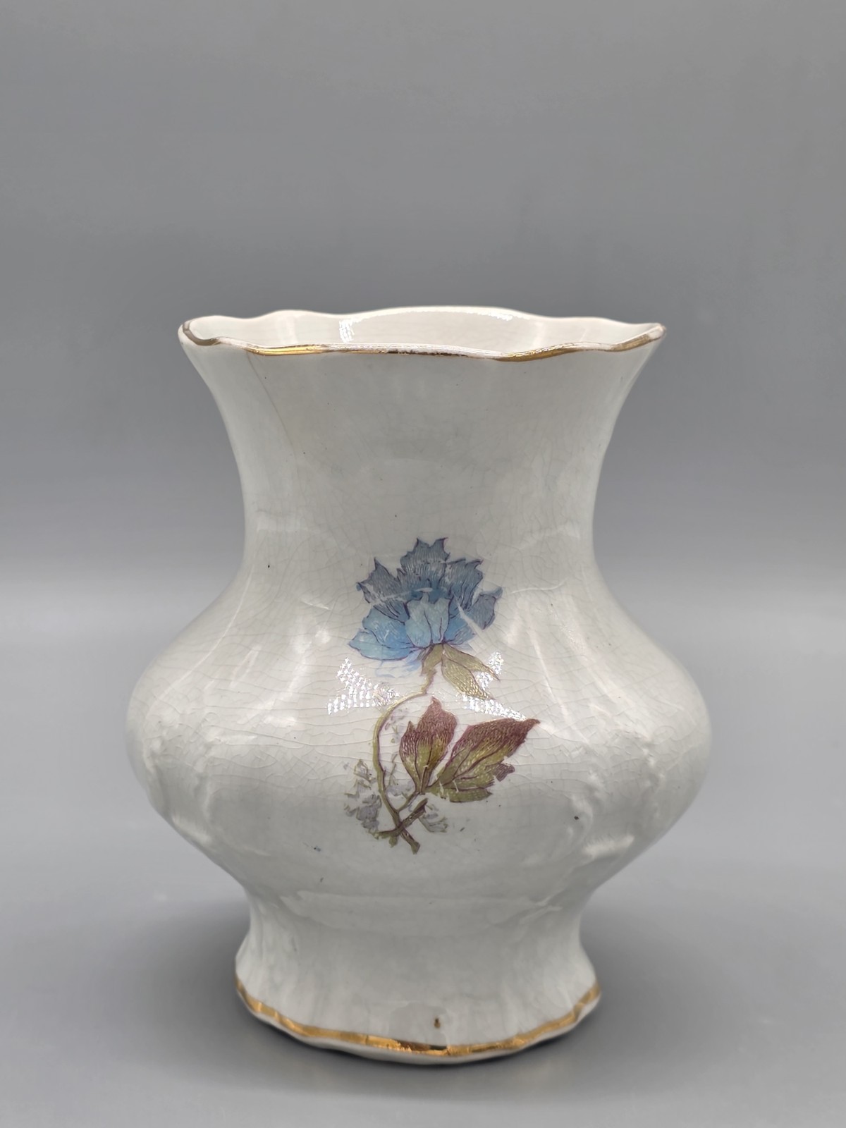 Antique Harker Pottery Co Semi Porcelain Ceramic Blue Cream Gold Floral Vase