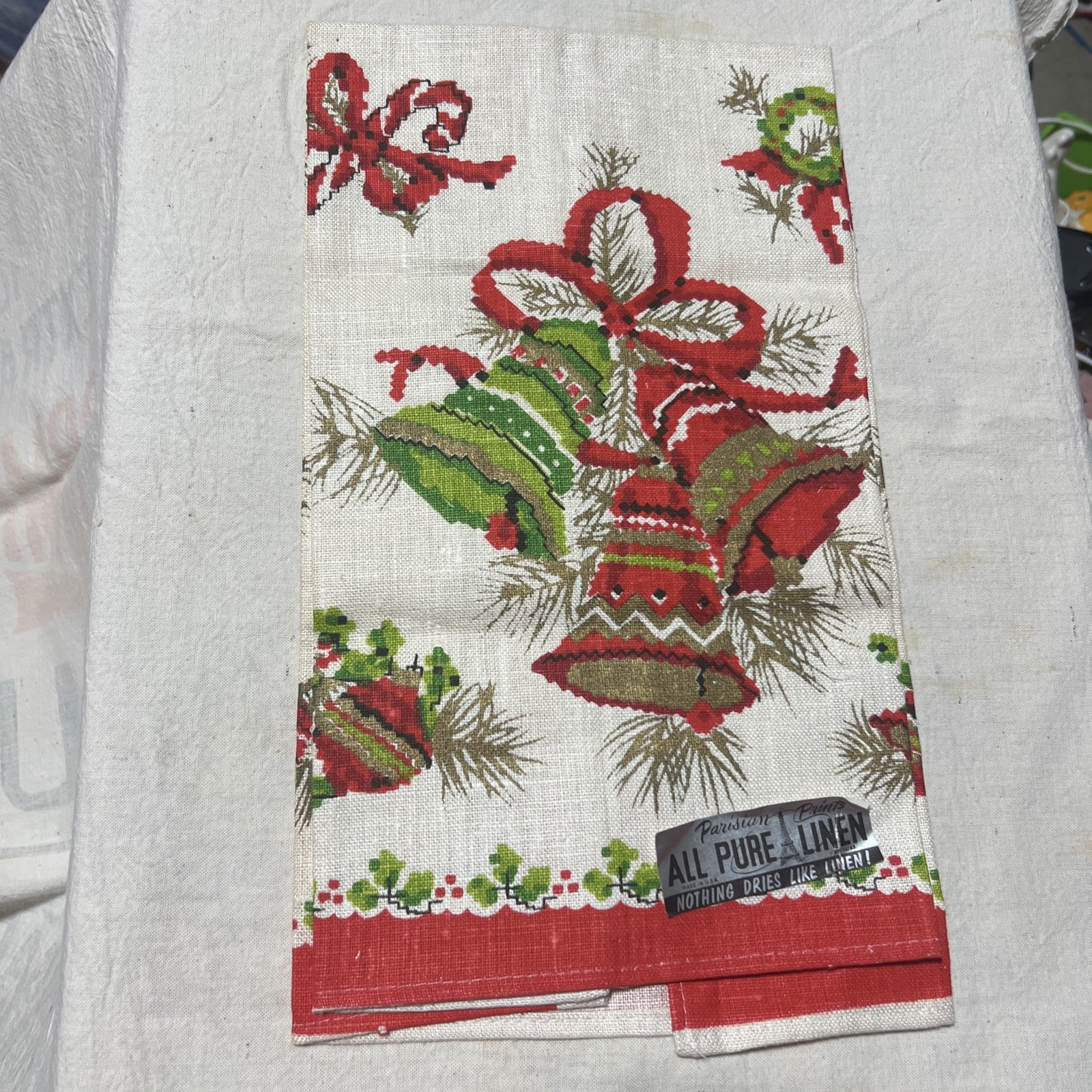 NEW Vtg Parisian Prints Xmas Bells Wreath Pure Linen Kitchen Towel 1950s NWT