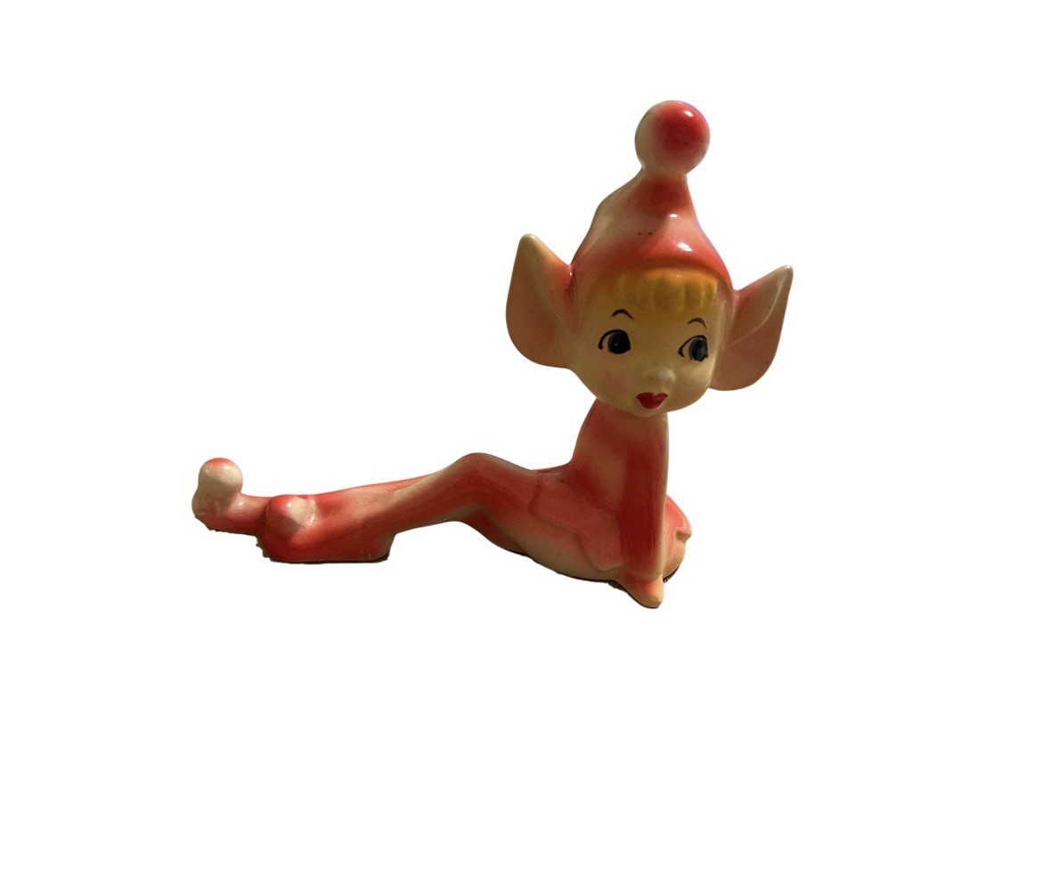 Vintage Ceramic Pixie Elf Figurine Knee Up 1950s Mid-Century Pink READ