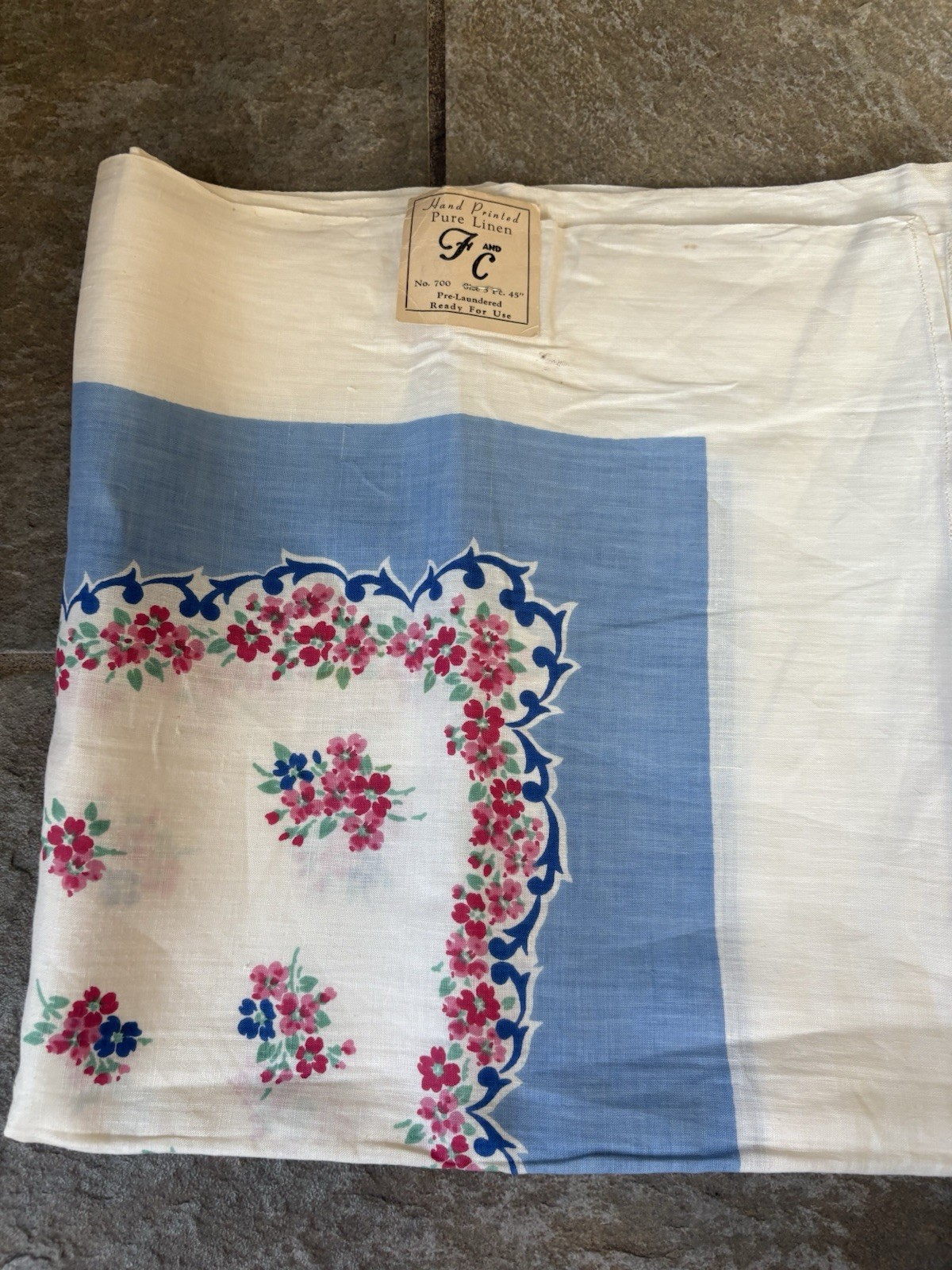 Vintage Tablecloth With Tag Attached Blue Pink Floral Read Description