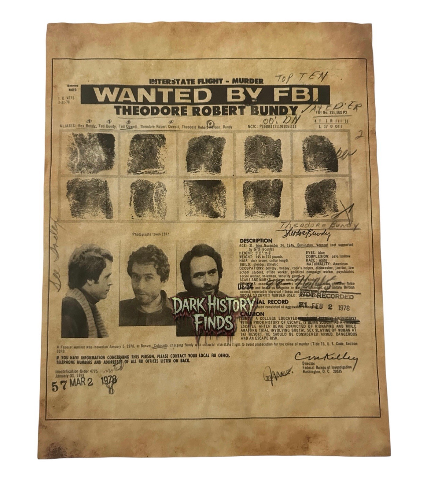 Ted Bundy FBI Fingerprints Wanted Poster Interstate Flight And Murder ￼