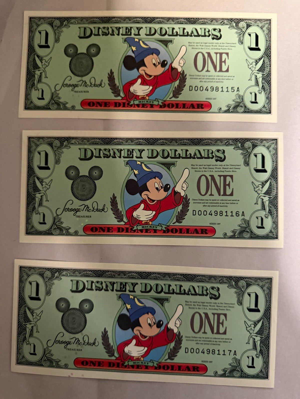 Disney $1 Disney Dollars Notes 1997 Sorcerer Series Mickey Mouse Lot of 3