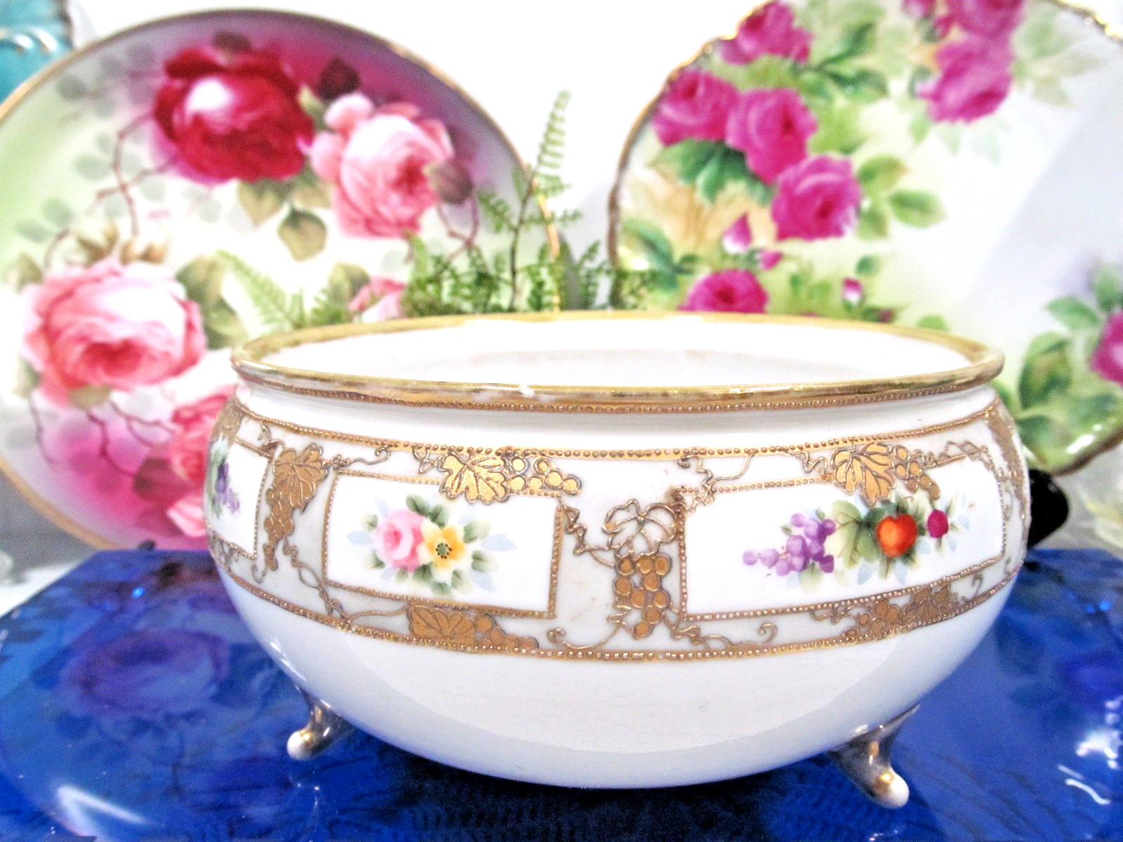 Vintage Nippon gold gilt painted pink floral & roses  band of gold beaded  Japan