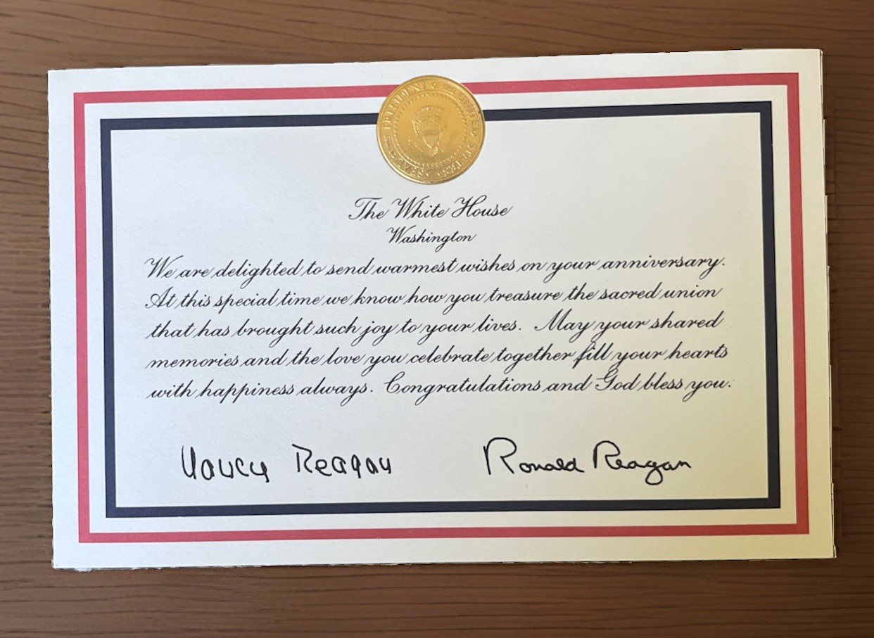 50th Wedding Anniversary Card from NANCY and PRESIDENT RONALD REAGAN