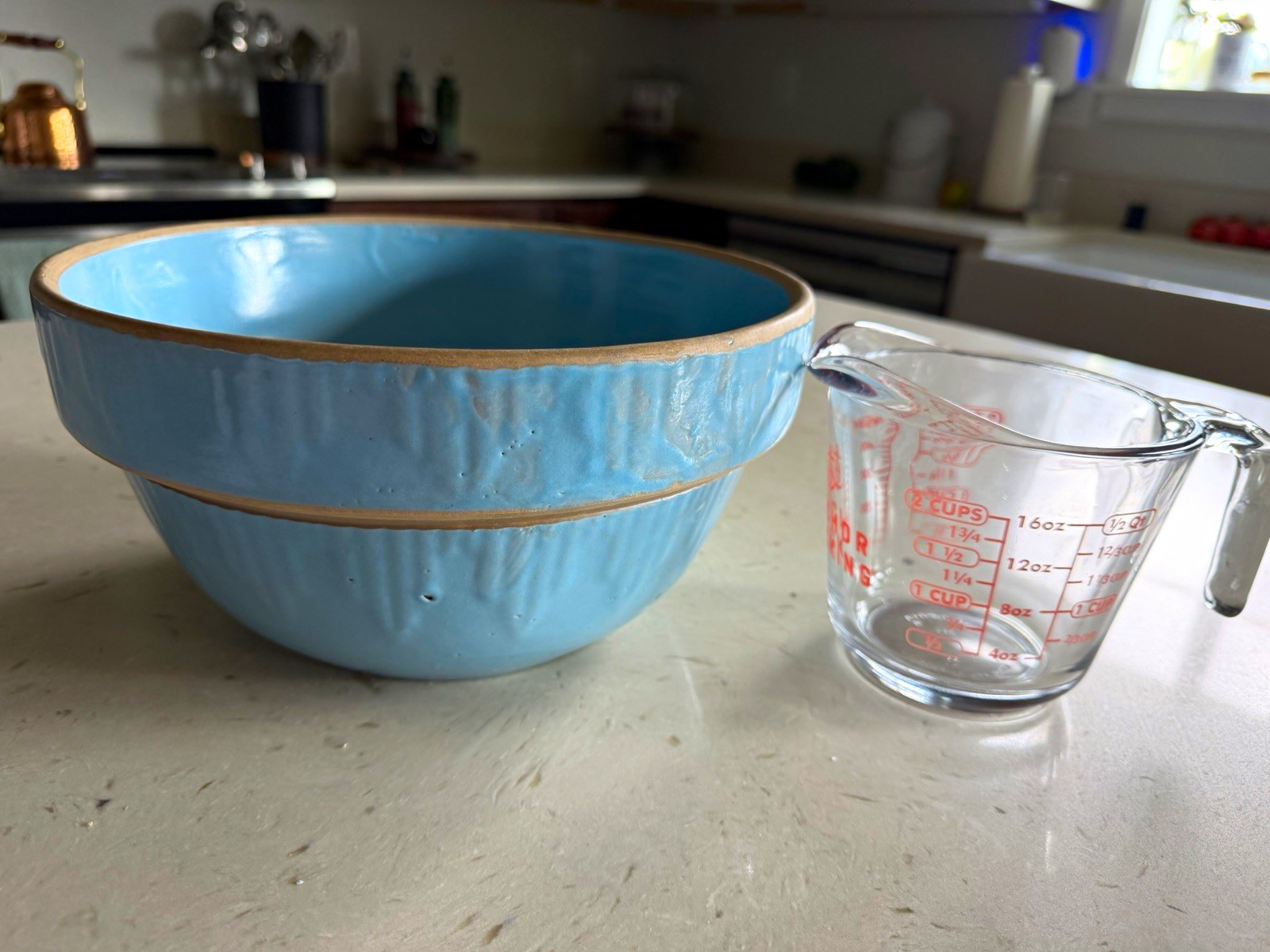 Beautiful Antique Blue Ribbed Stoneware Mixing Bowl