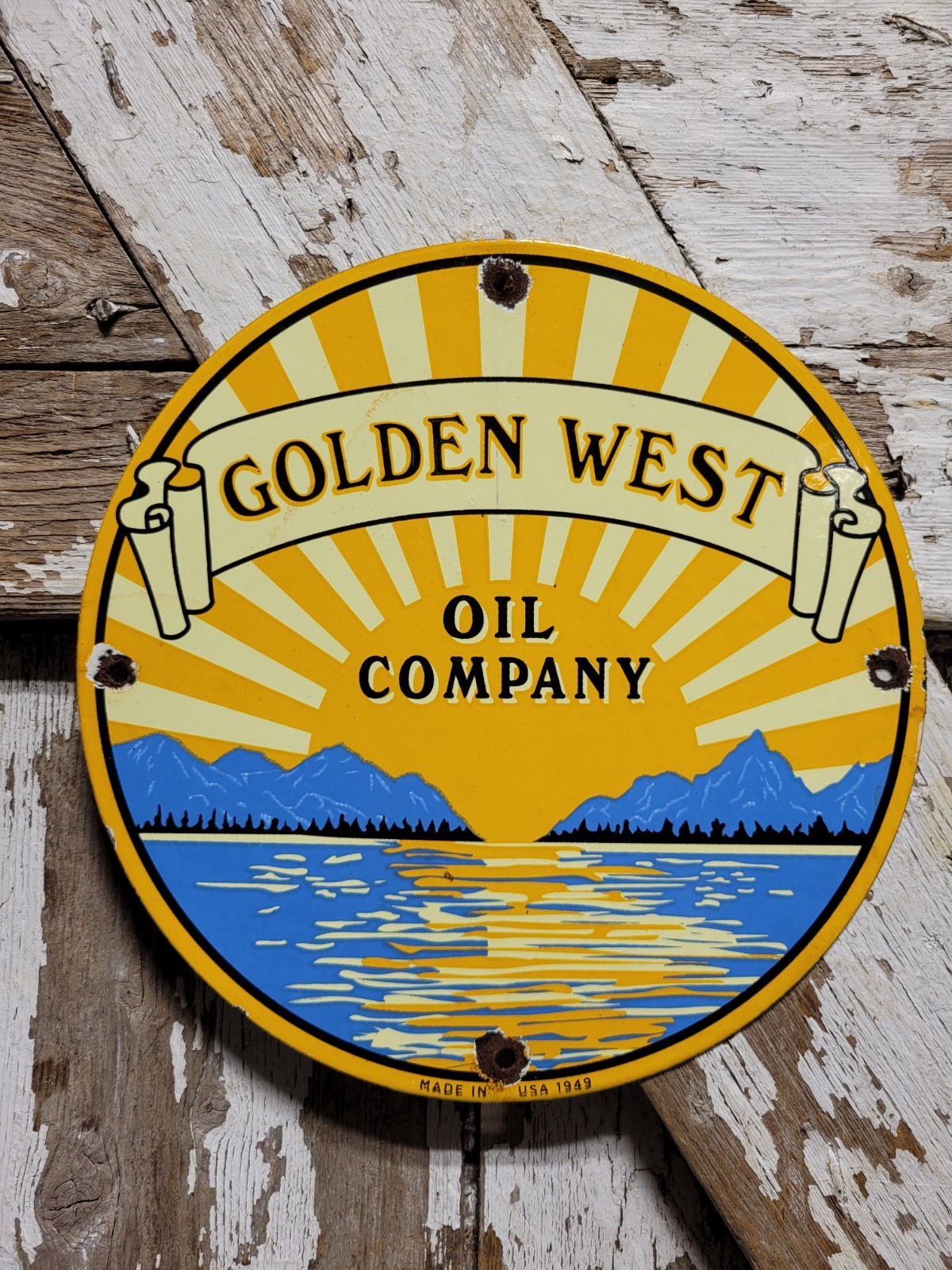 VINTAGE GOLDEN WEST PORCELAIN SIGN OLD GAS OIL COMPANY 1949 MOTOR ENGINE SUNSET