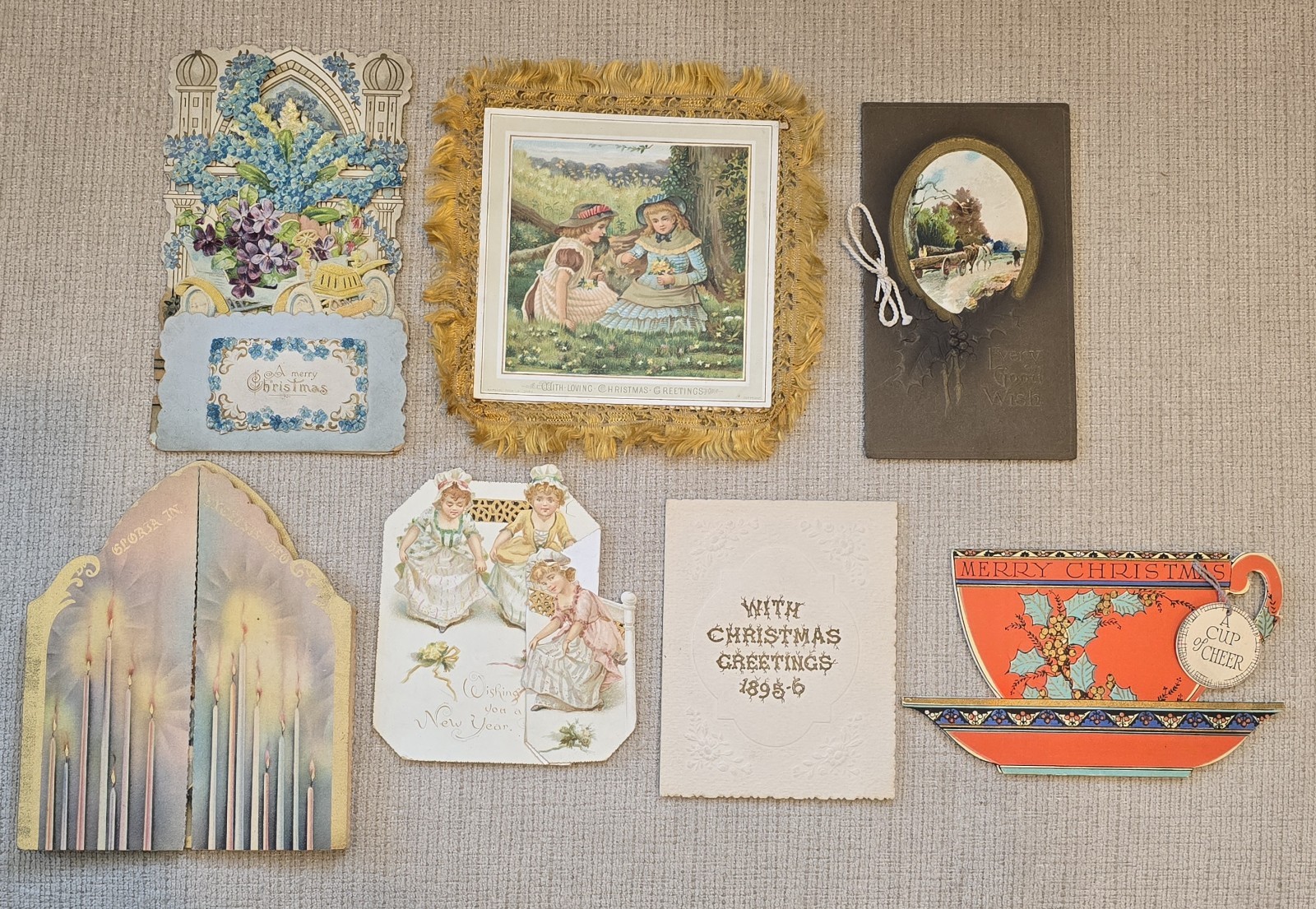 Antique Victorian Christmas Card  Pop-Up  Tuck Silk Fringe Folding 7 Piece Lot