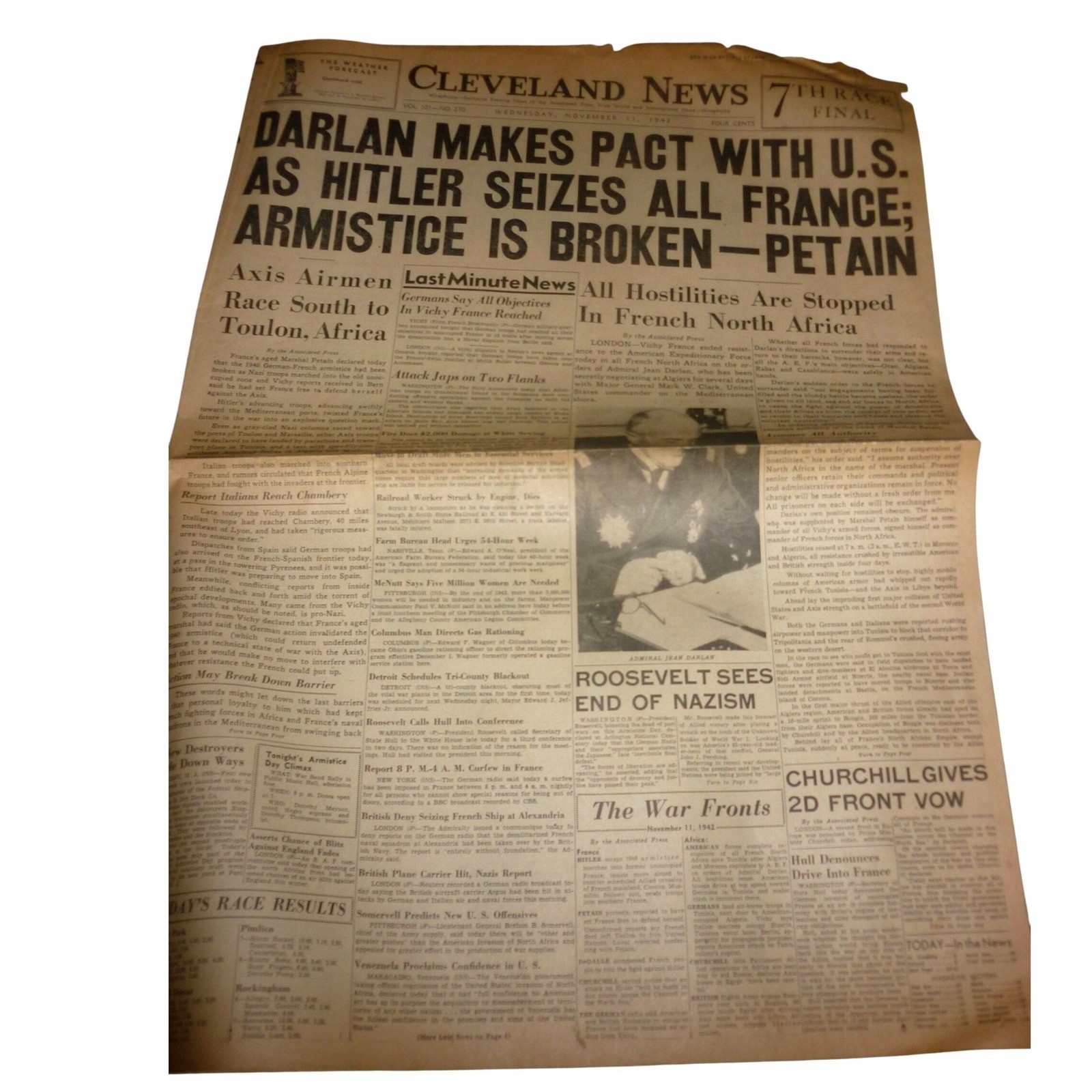 1942 Cleveland News Newspaper WWII Hitler Seizes France Barney Google Dead