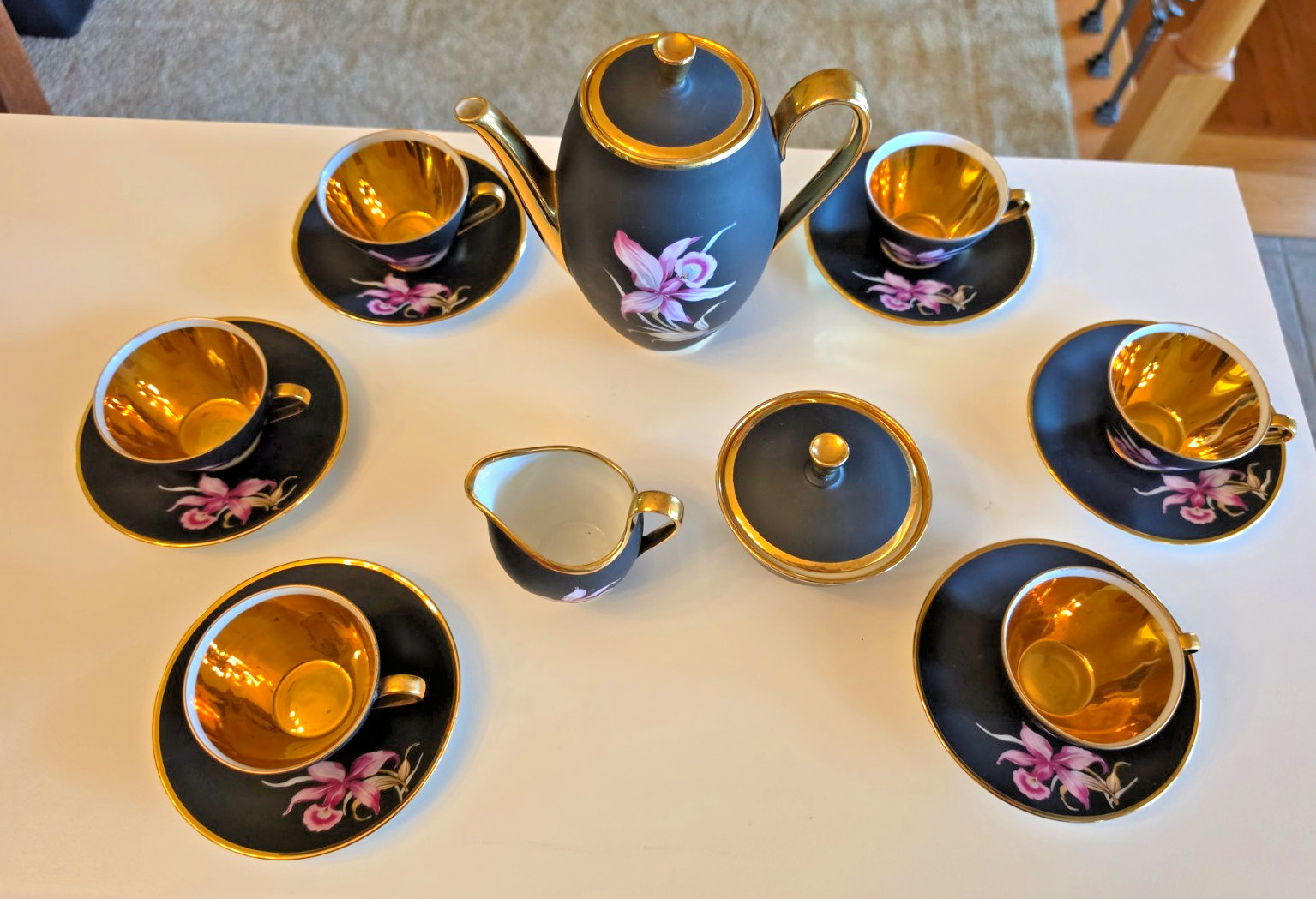 15pc Vintage Crown Bavaria Matte Black Coffee Tea Service Set Pink Orchid 24k