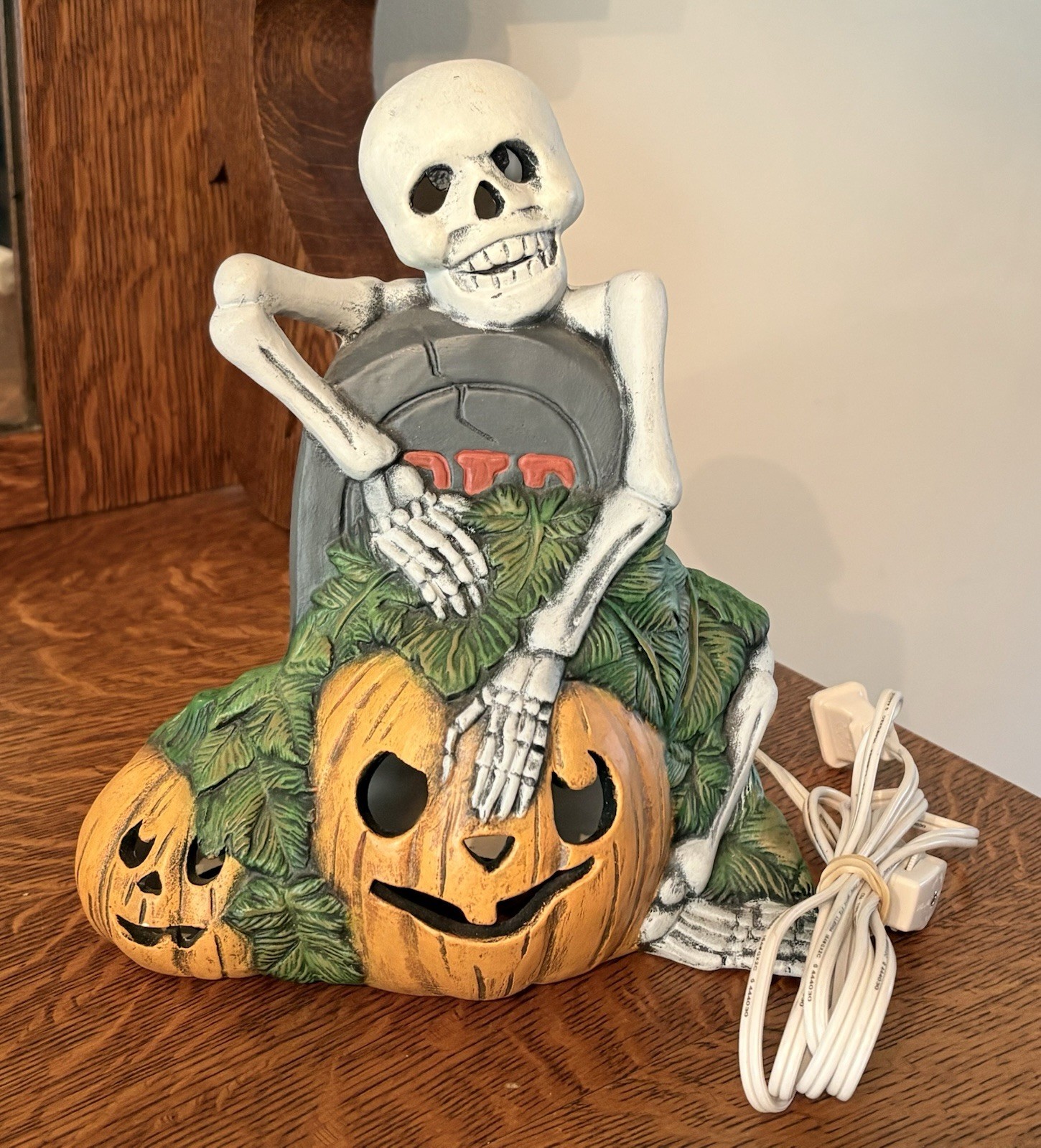 Vintage Halloween Jack-O-Lantern & Skelton Ceramic Lighted Pumpkin Painted 9.5\