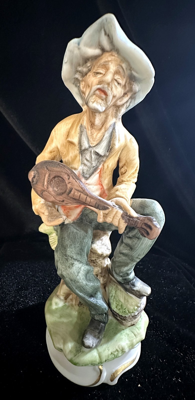 Vintage Bisque Porcelain Old Man Playing Mandolin Stump Figurine 7.5\