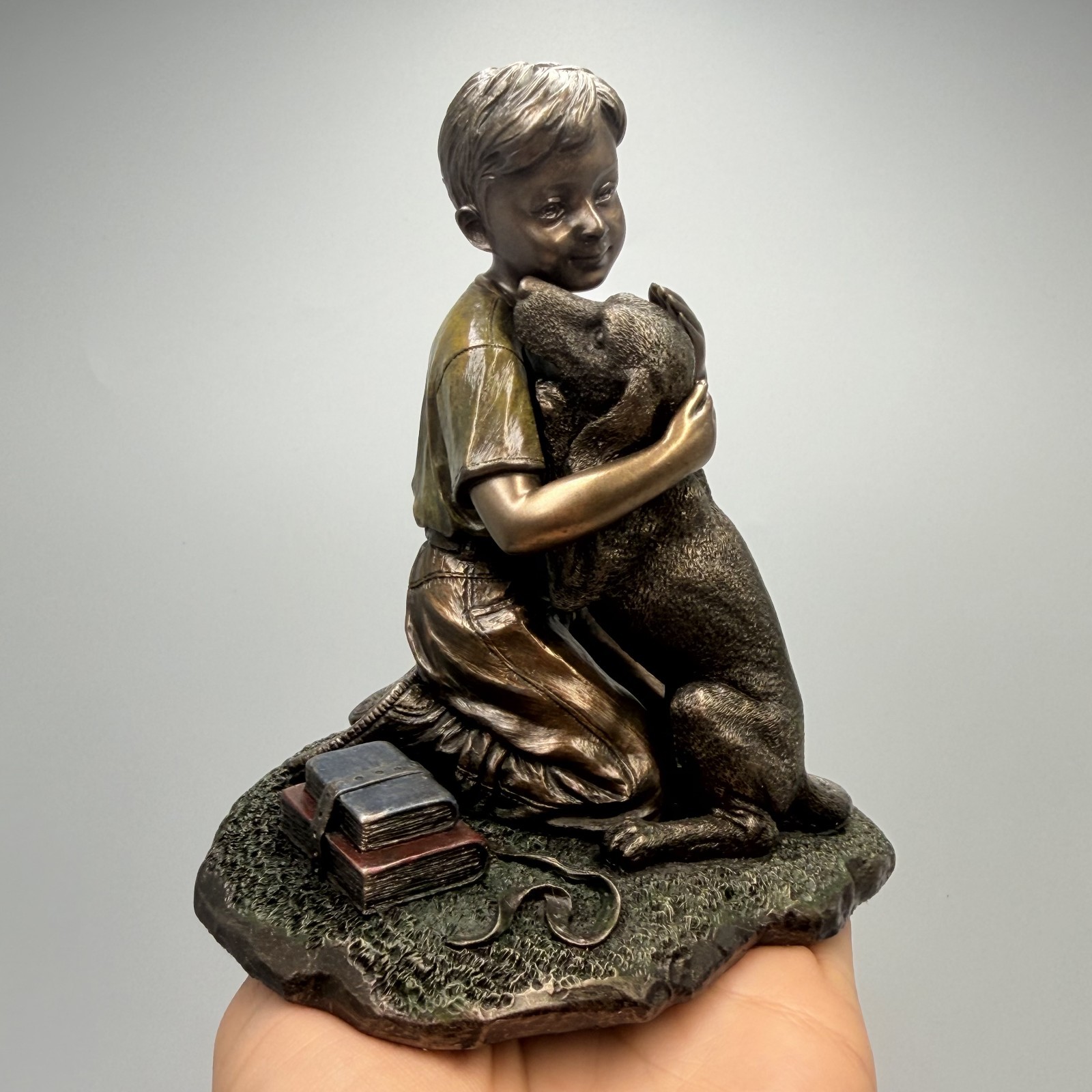 Boy Hugging Dog Figurine Bronze Finish Statue Sculpture Animal Home Decor Gift
