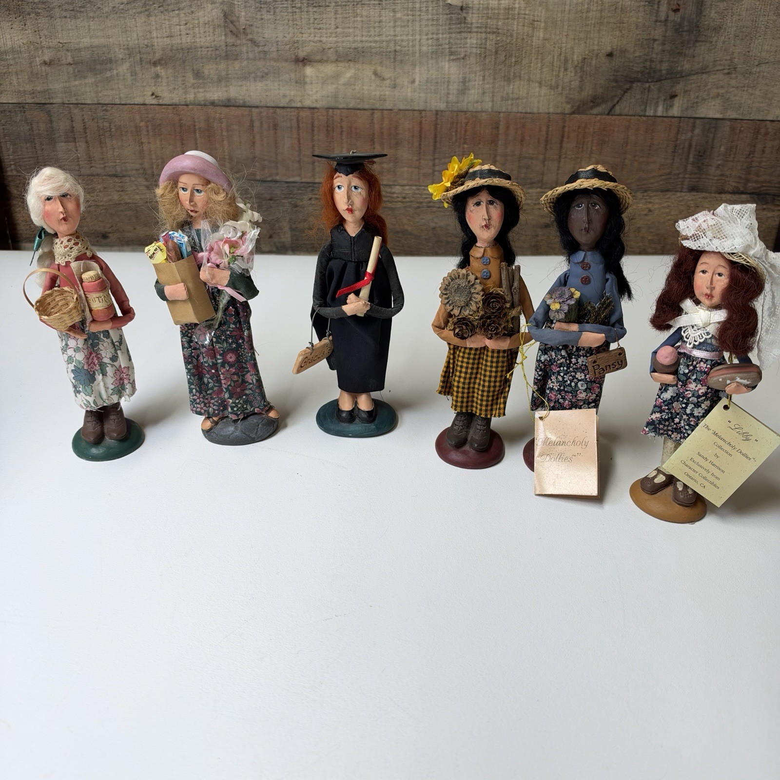 Lot of 6 Vintage Melancholy Dollies Sandy Harrison Collectibles Folk Art