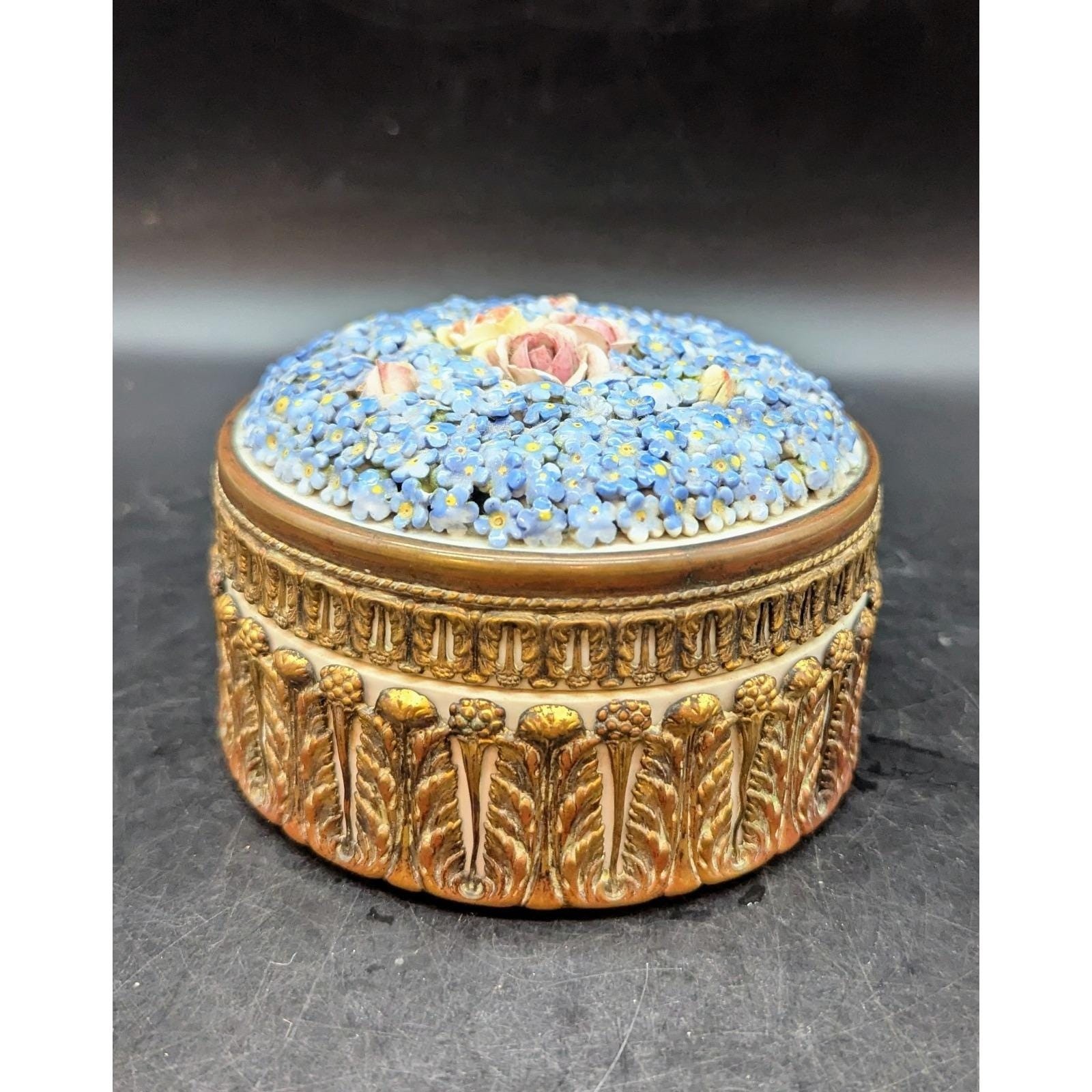 Antique German Porcelain Elfinware Powder Jewelry Box Forget Me Not Gilt Ormolu