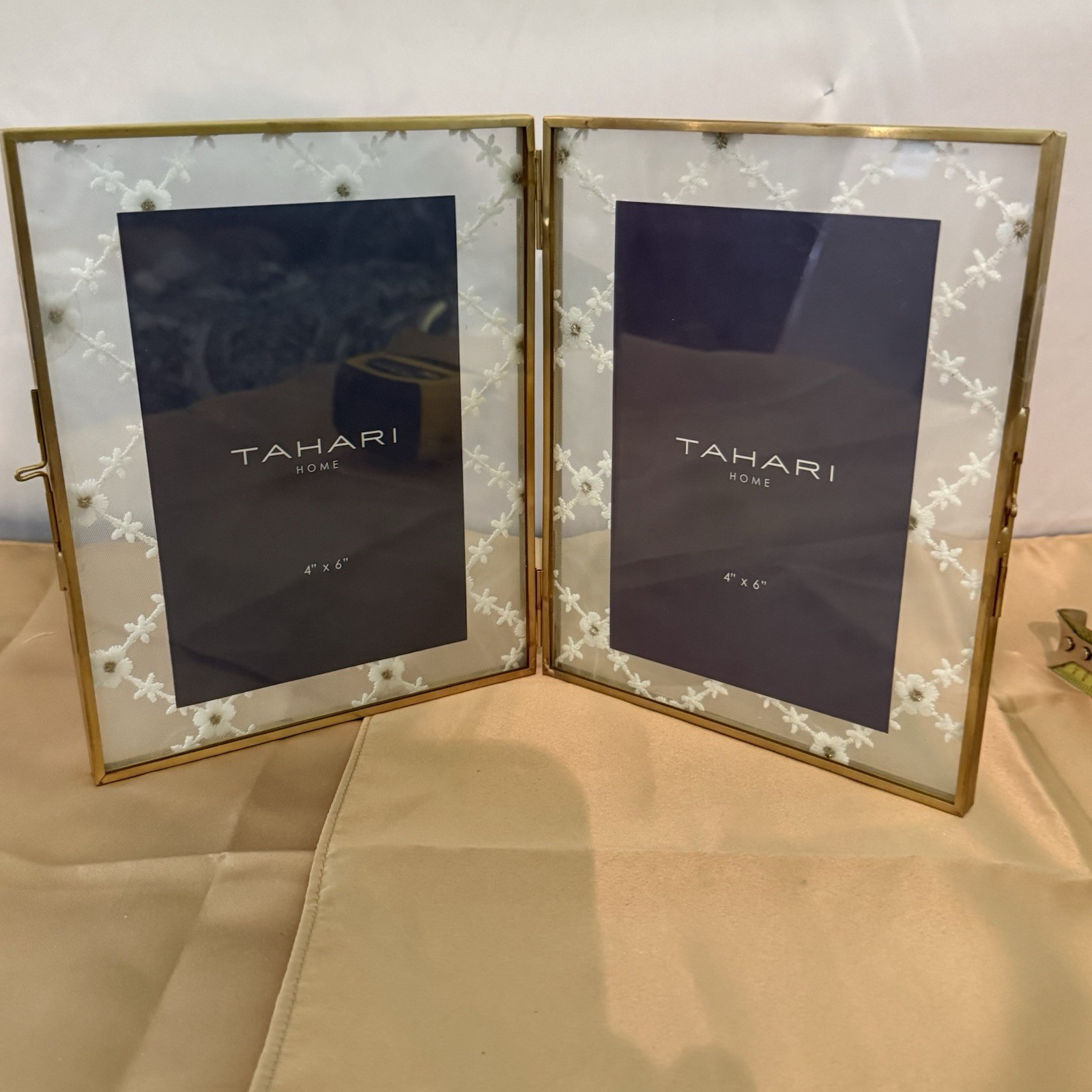 Tahari Gold Double Picture Frame With Lace Insets Hinged Bifold Standing 4x6