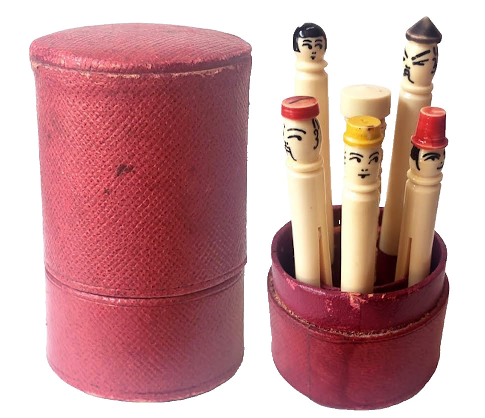 Antique Celluloid Hand Painted Clothespins in Travel Case People Faces Adorable