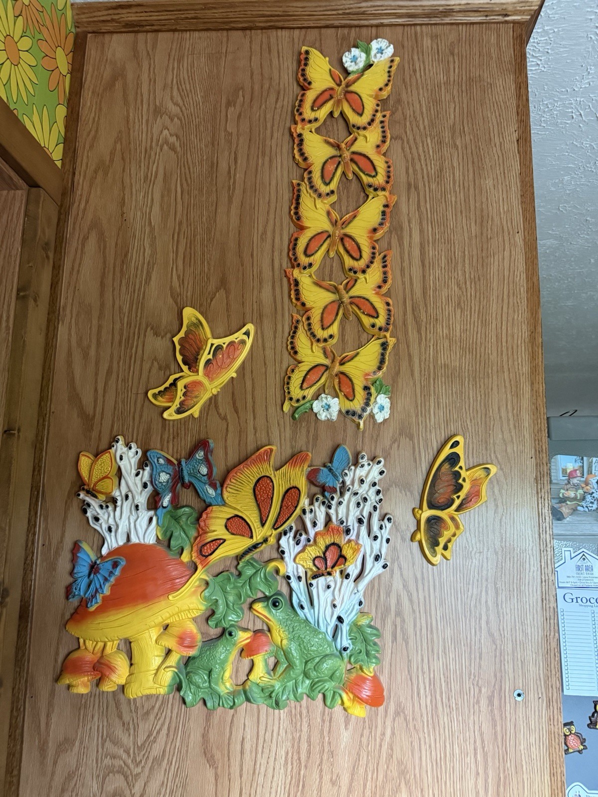 Vintage 1970\'s Homco Mushrooms Frog Butterfly Hanging Wall Art Plaque 4pc
