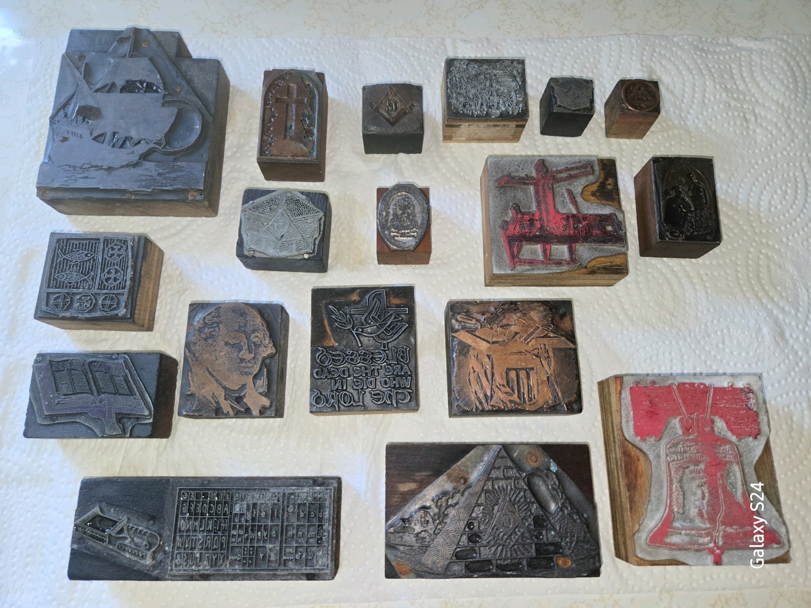 18 VTG Antique Letterpress Printing Blocks Woodcuts Masonic Royal Arch Michigan
