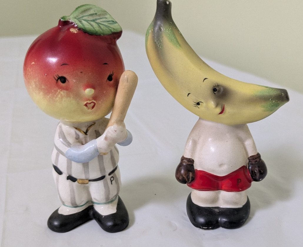 RARE Vintage 1956 Napco Anthropomorphic Fruit Sports Salt/Pepper Shakers 1C1930