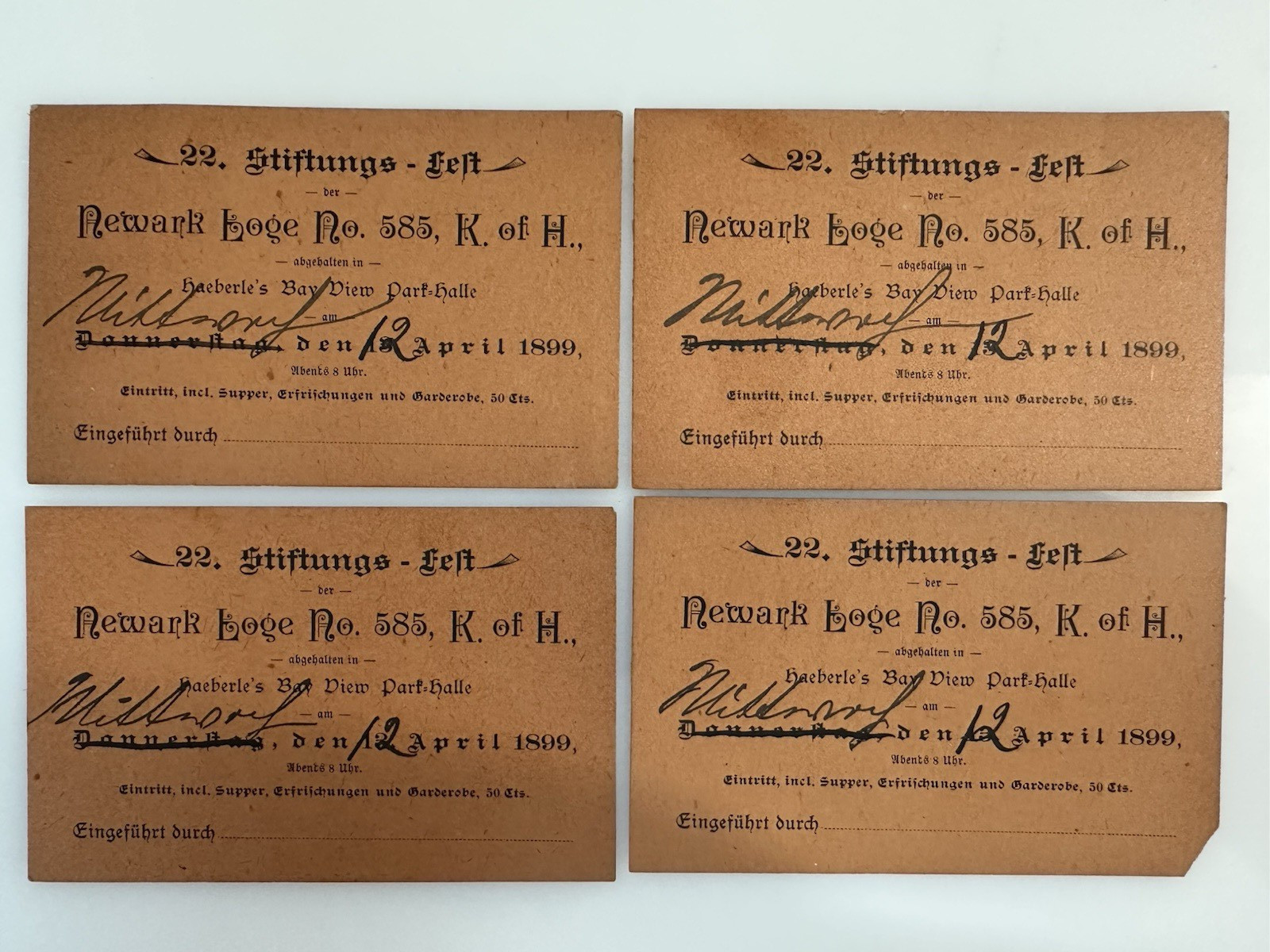 1899 Knights of Honor of NJ Newark German Masonic Event Tickets A2L 1899 Knights of Honor of NJ Newark German Masonic Event Tickets A2L