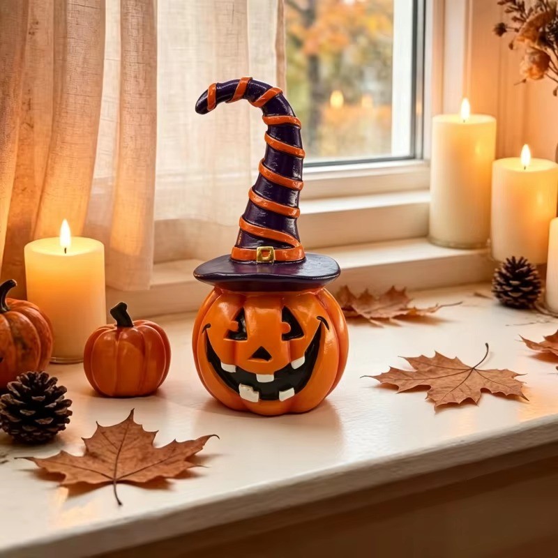 Halloween Pumpkin Witch Hat Figurine Resin Jack O Lantern Tabletop Decor