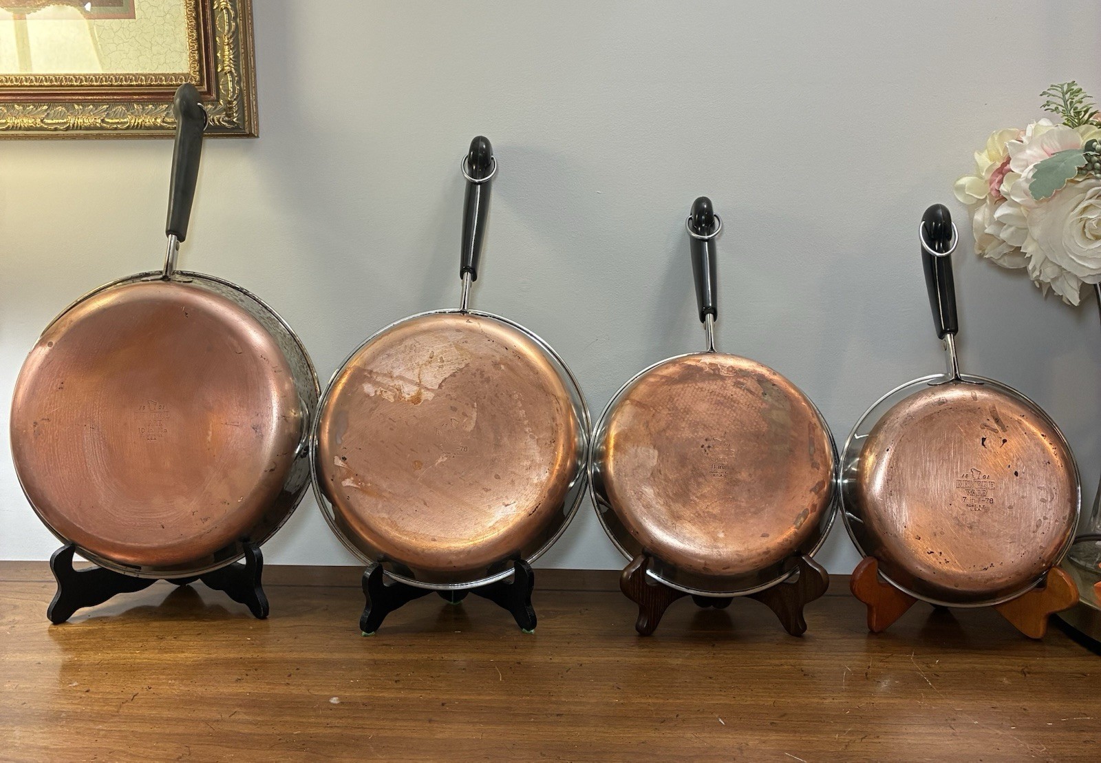 Vintage Revere Ware 1801 Copper Bottom Skillet Set Lot of 4 - 10