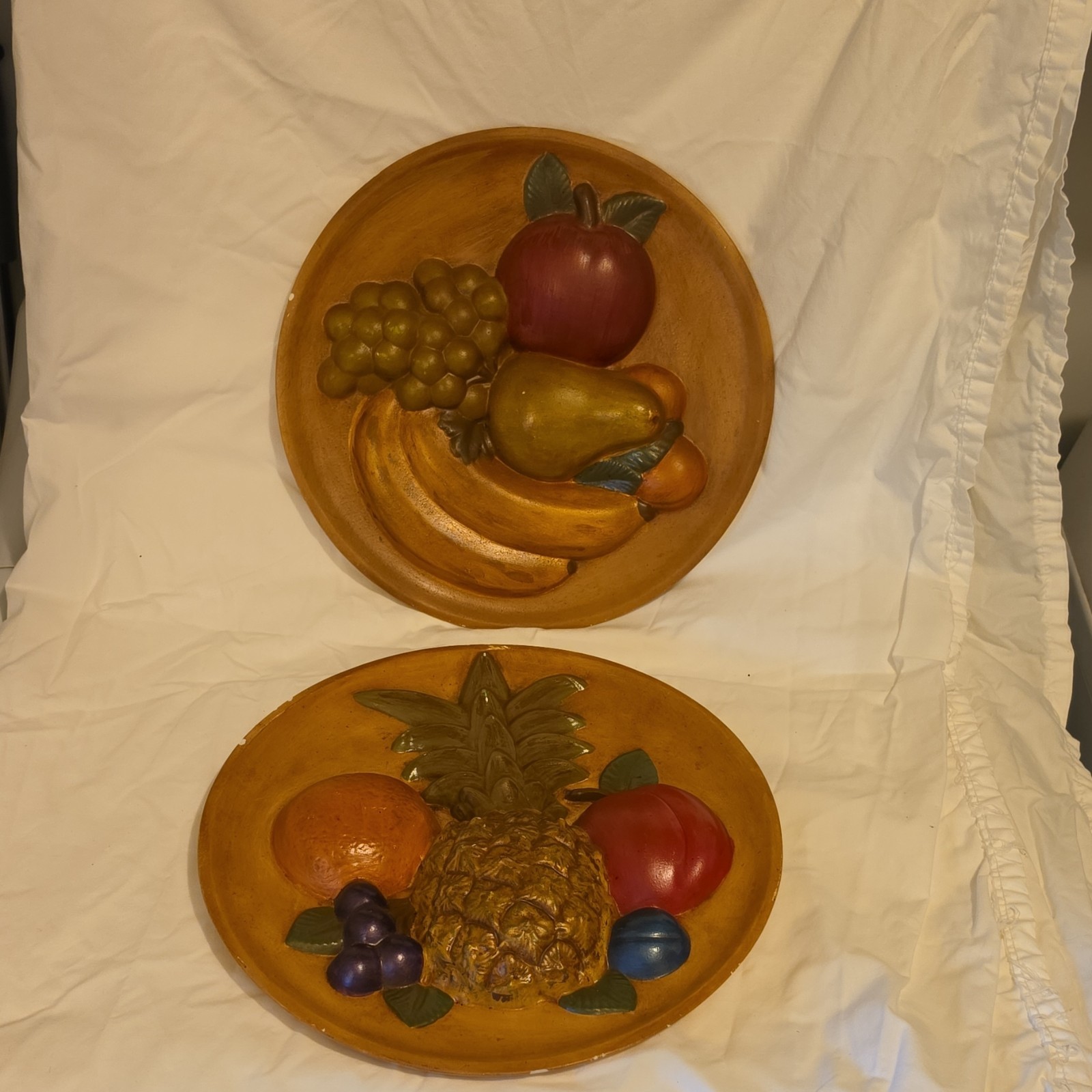 Vintage 1970s Set of 2 Round Ceramic Fruit Wall Plaques 3D Effect Relief