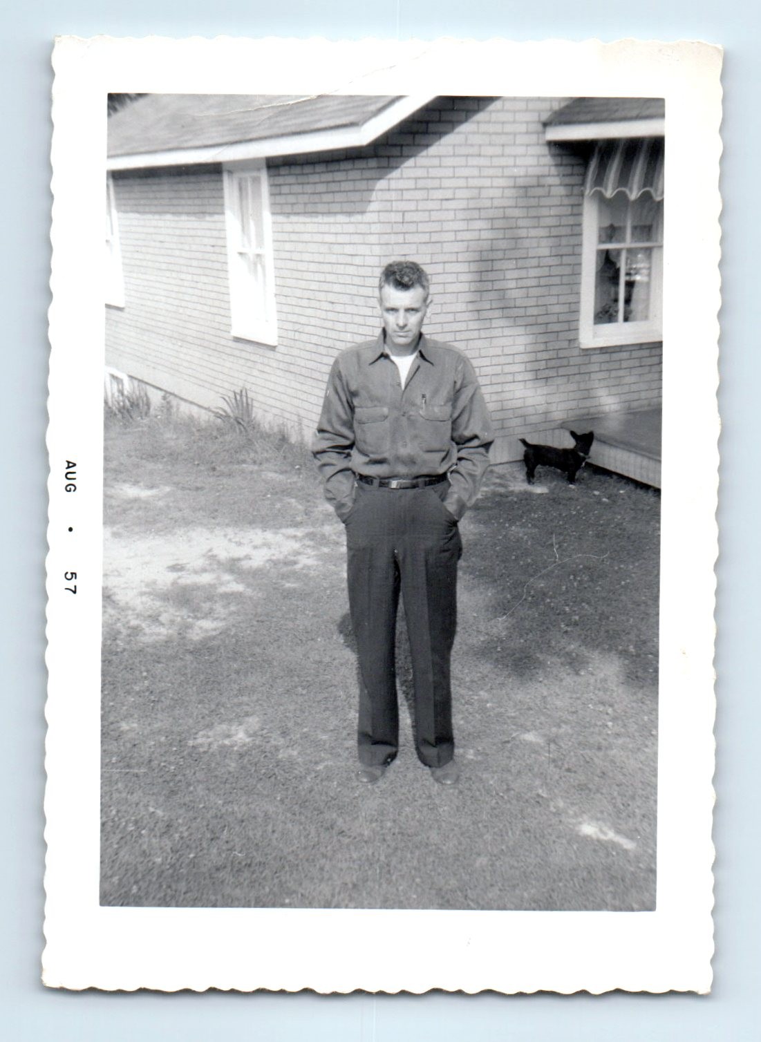 Old Vintage Photo SOLO MAN OUTSIDE BRICK HOUSE 1957 ANTIQUE PHOTOGRAPH SNAPSHOT