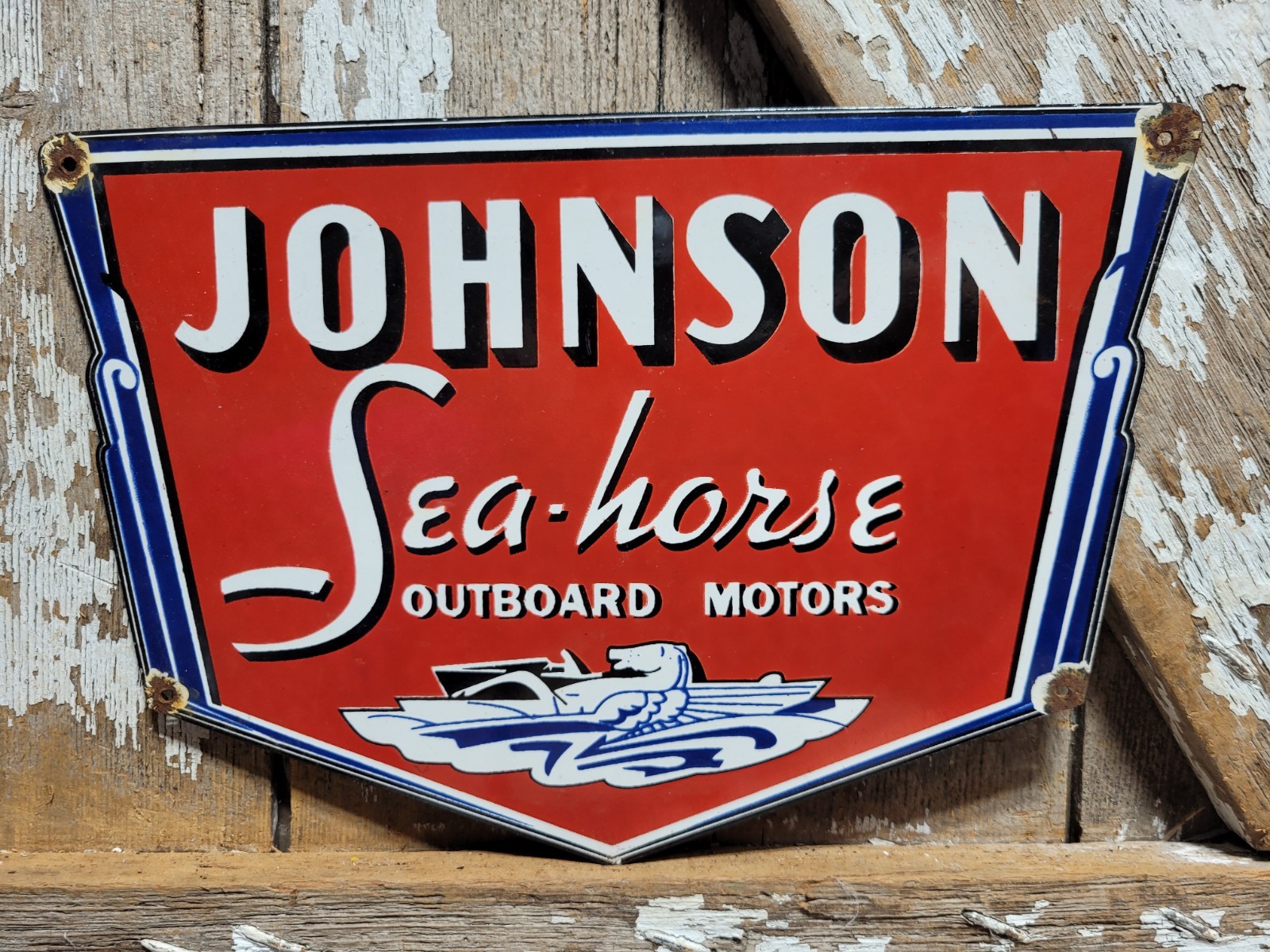 VINTAGE JOHNSON PORCELAIN SIGN OUTBOARD MOTORS SALES BOAT GAS ENGINE SEA-HORSE 