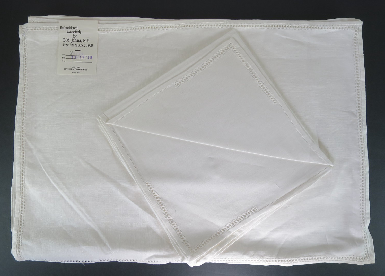 BM Jabara White Linen Placemat Napkin Set 4 Each Hemstitch NWT