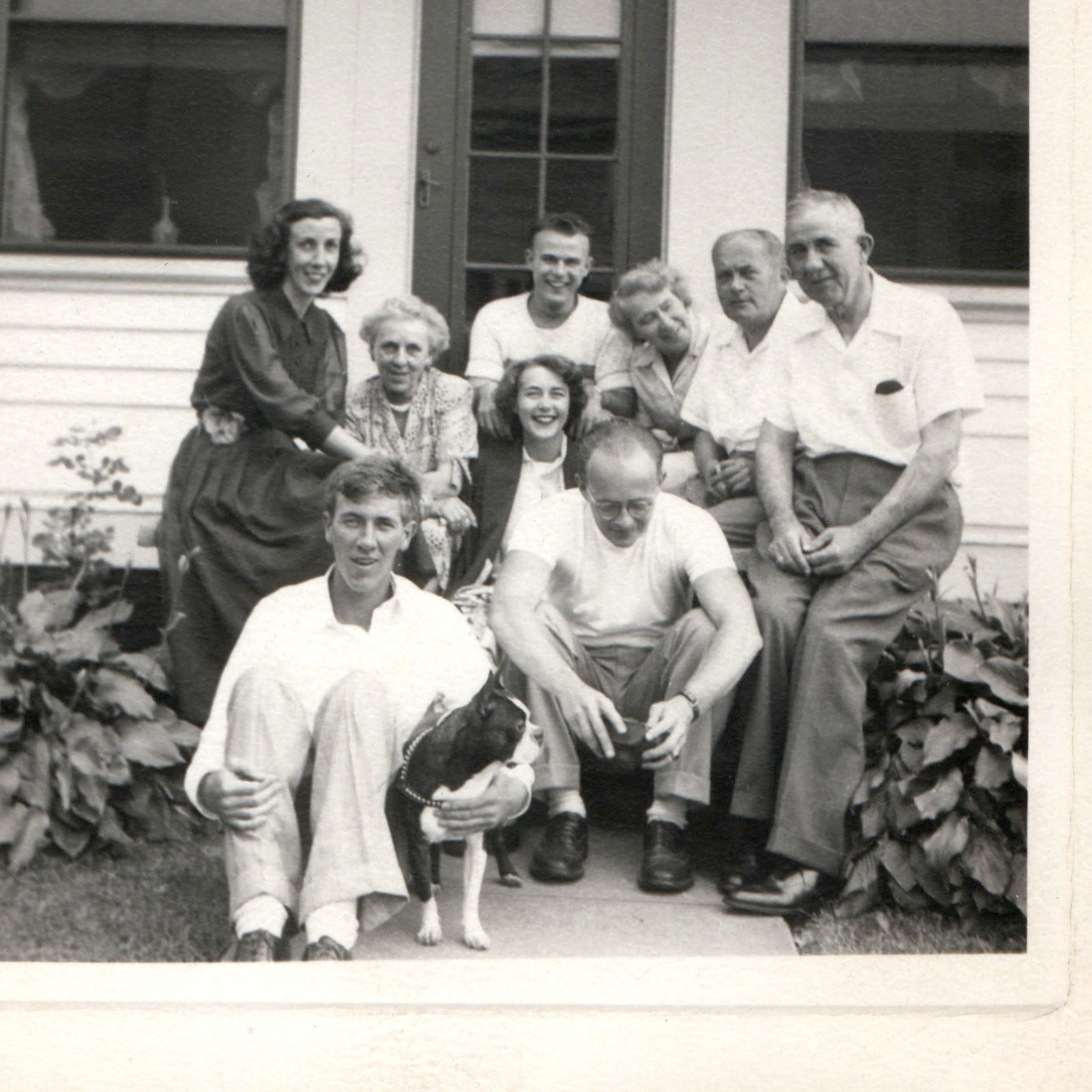 c1950s Family Boston Terrier Dog Porch Steps Snapshot Photo Group Portrait Vtg